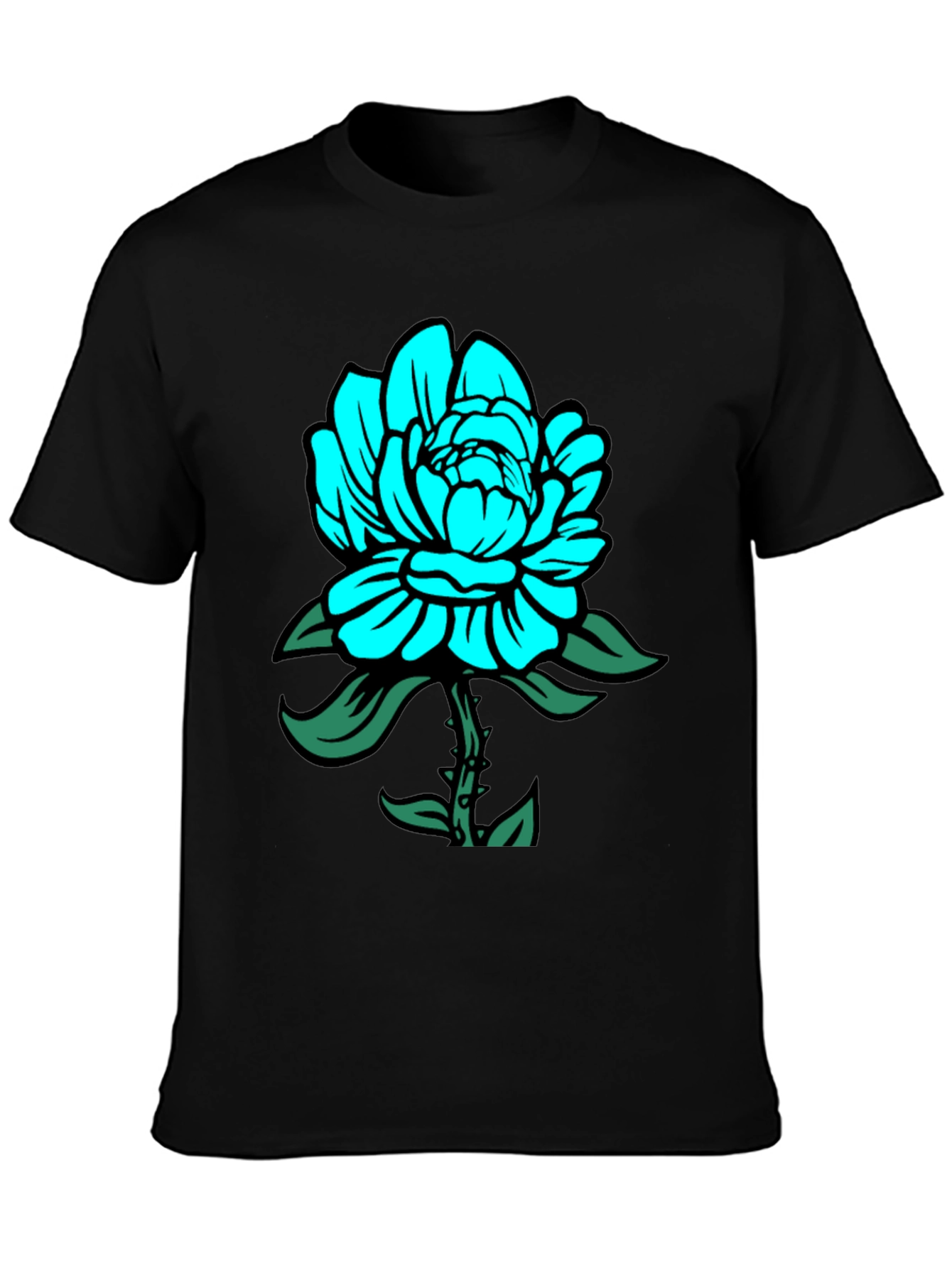 Mens Black T-Shirt with Teal Floral Design
