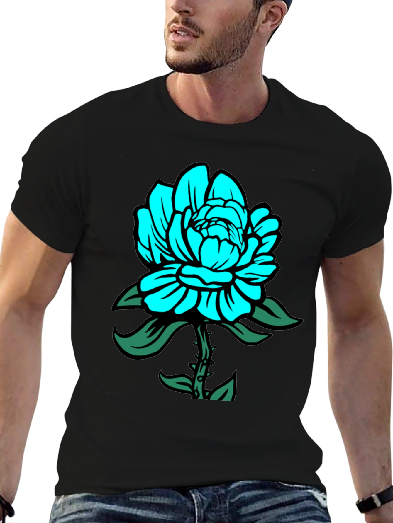 Mens Black T-Shirt with Teal Floral Design