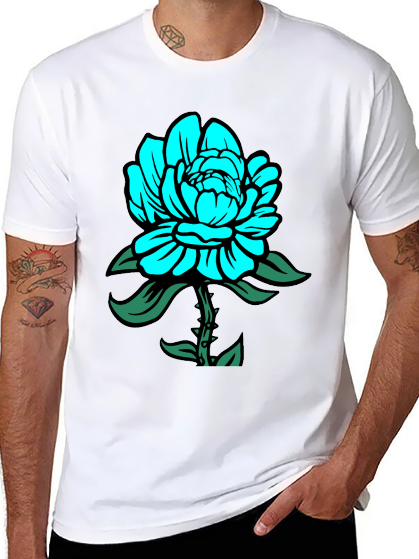 Mens Black T-Shirt with Teal Floral Design