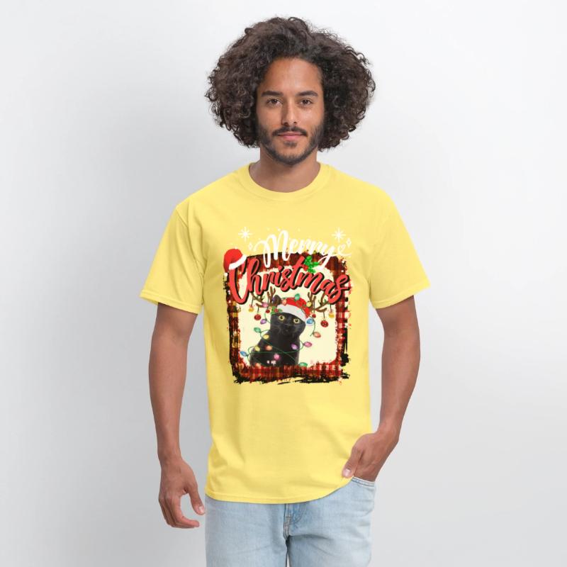 Merry Christmas Red Plaid black cat Santa Lights