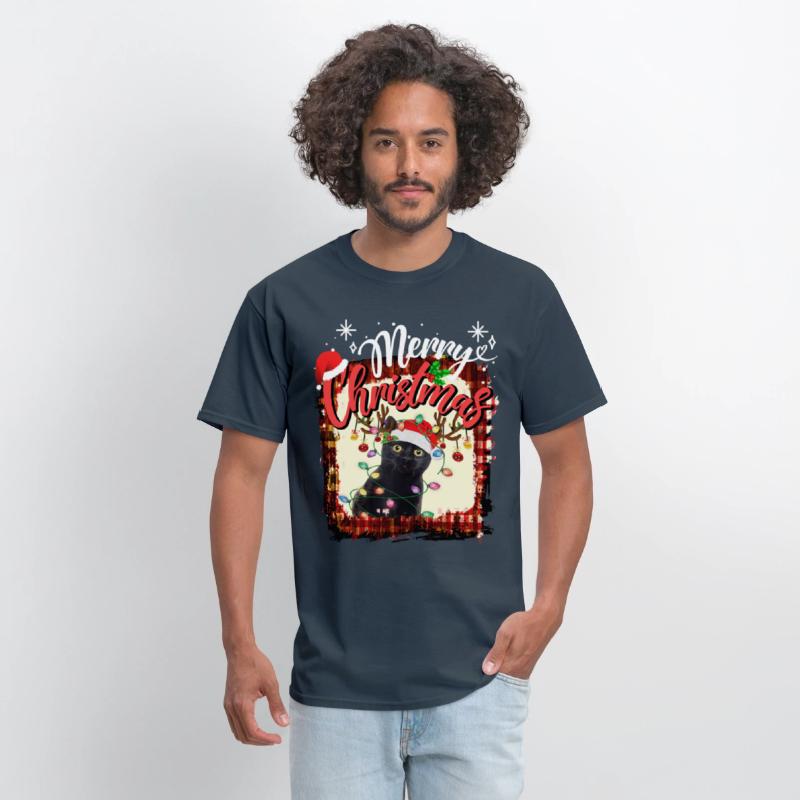 Merry Christmas Red Plaid black cat Santa Lights