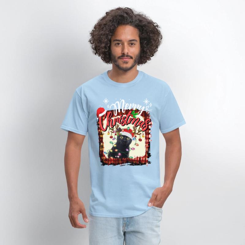 Merry Christmas Red Plaid black cat Santa Lights