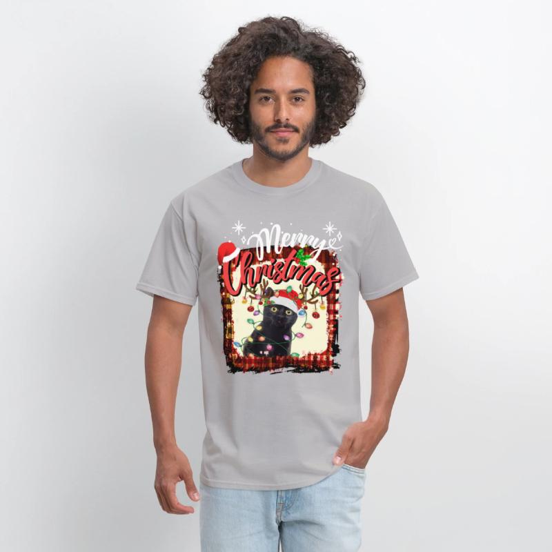 Merry Christmas Red Plaid black cat Santa Lights