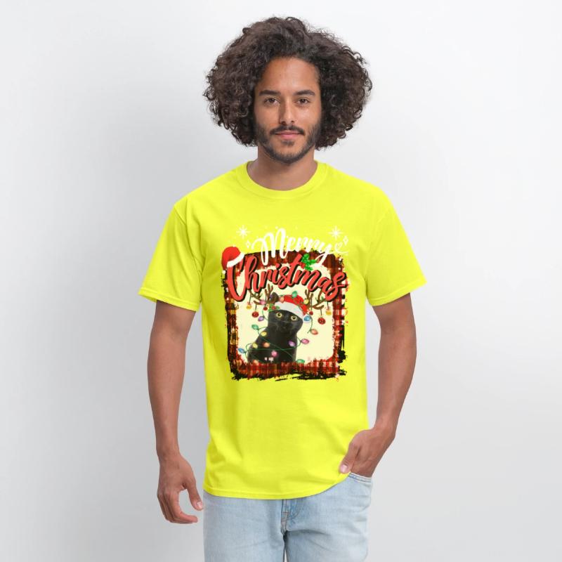 Merry Christmas Red Plaid black cat Santa Lights