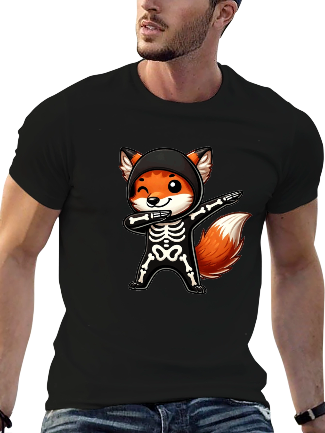 Halloween Fox Skeleton Dabbing Black T-Shirt