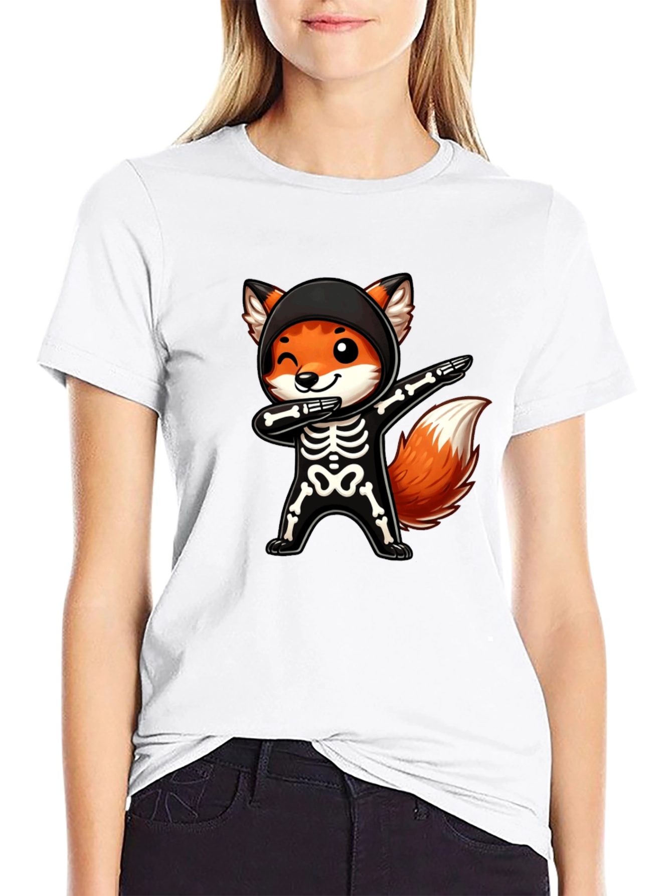 Halloween Fox Skeleton Dabbing Black T-Shirt