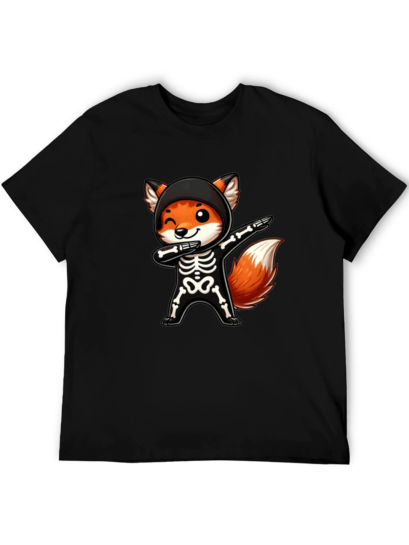 Halloween Fox Skeleton Dabbing Black T-Shirt