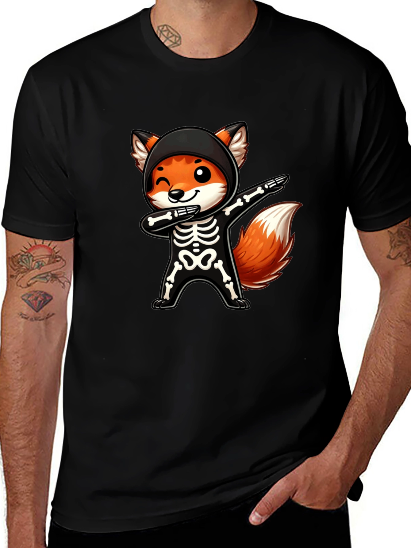 Halloween Fox Skeleton Dabbing Black T-Shirt