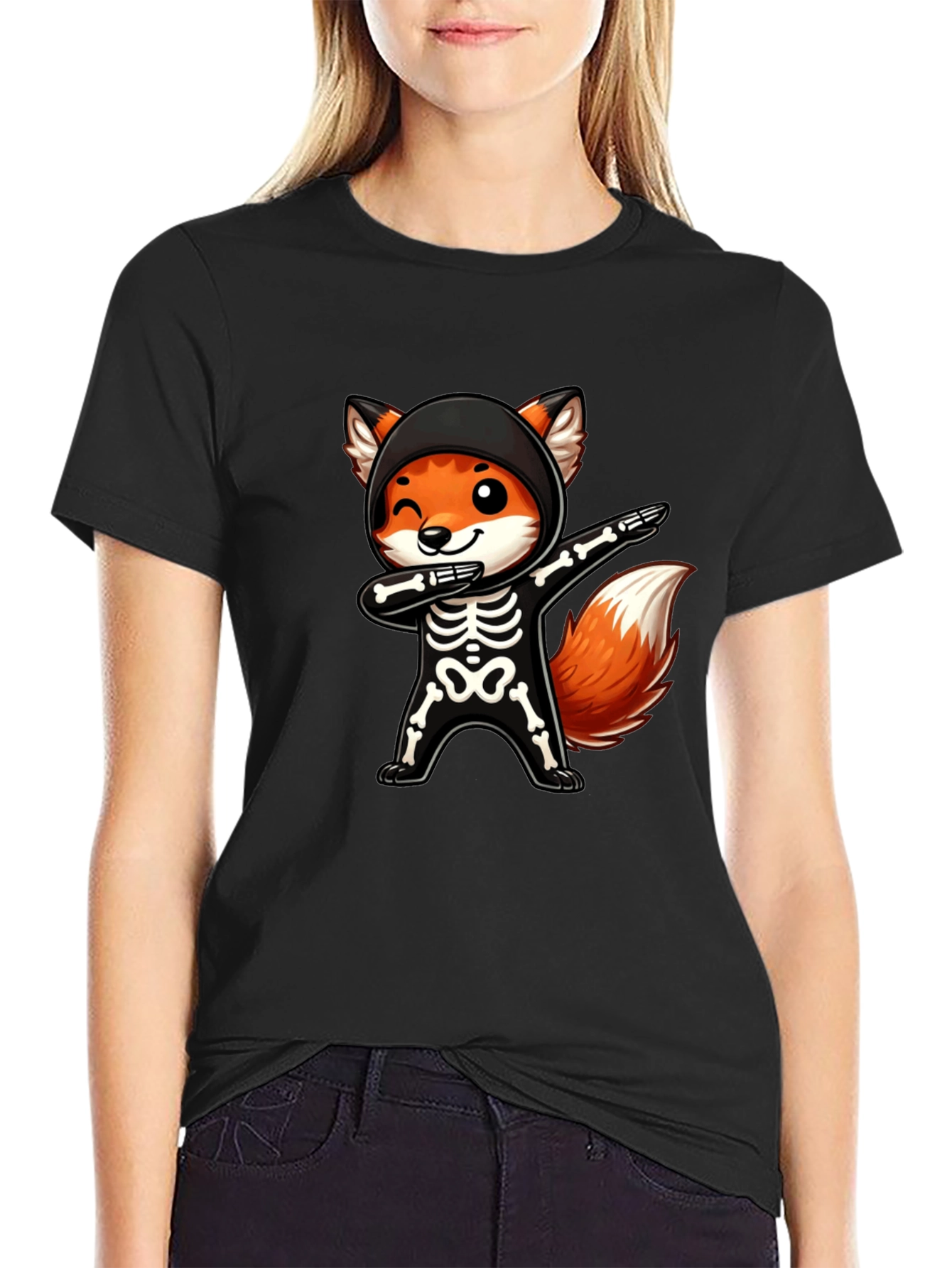 Halloween Fox Skeleton Dabbing Black T-Shirt