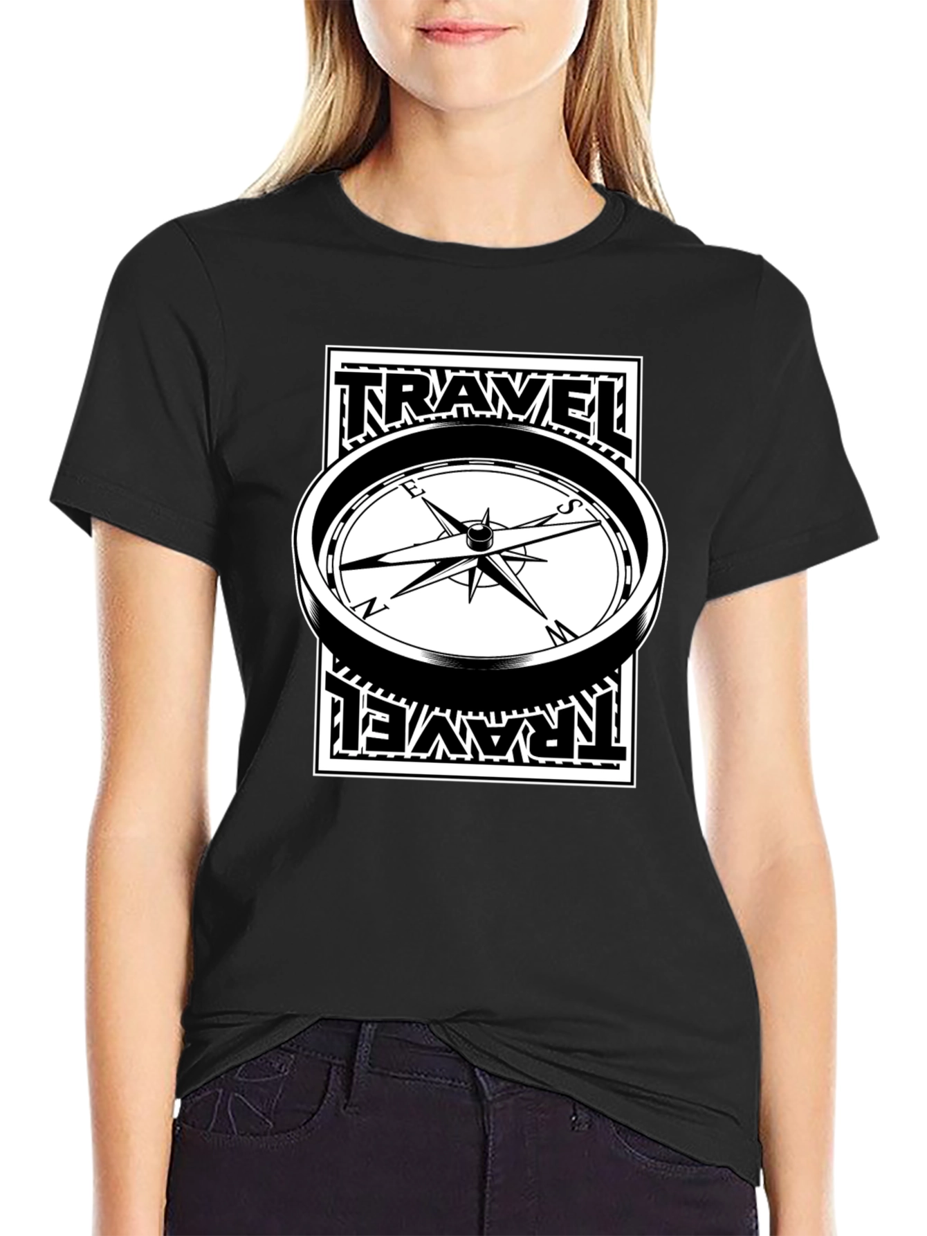 Travel Compass Graphic Tee - Black Cotton T-Shirt