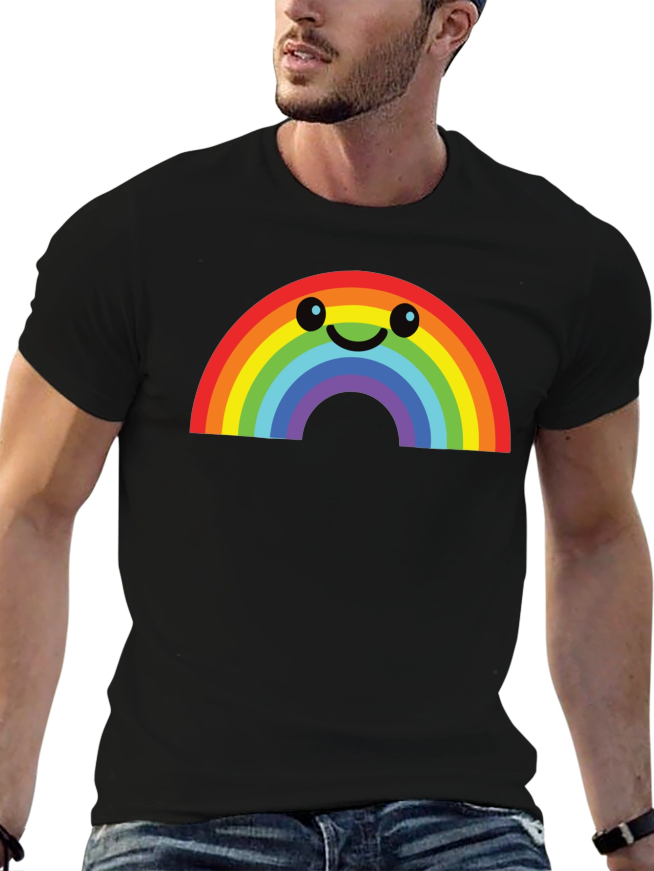Rainbow Smiley Face Graphic Tee - Black