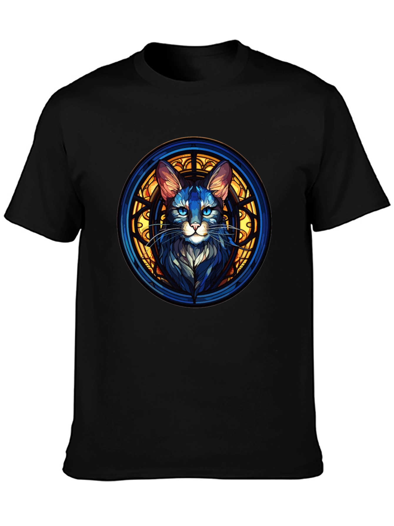 Stained Glass Cat Graphic Black T-Shirt