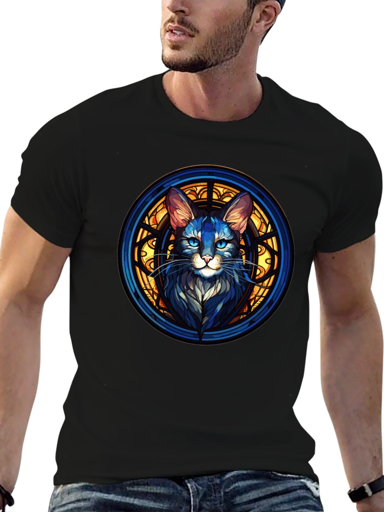 Stained Glass Cat Graphic Black T-Shirt
