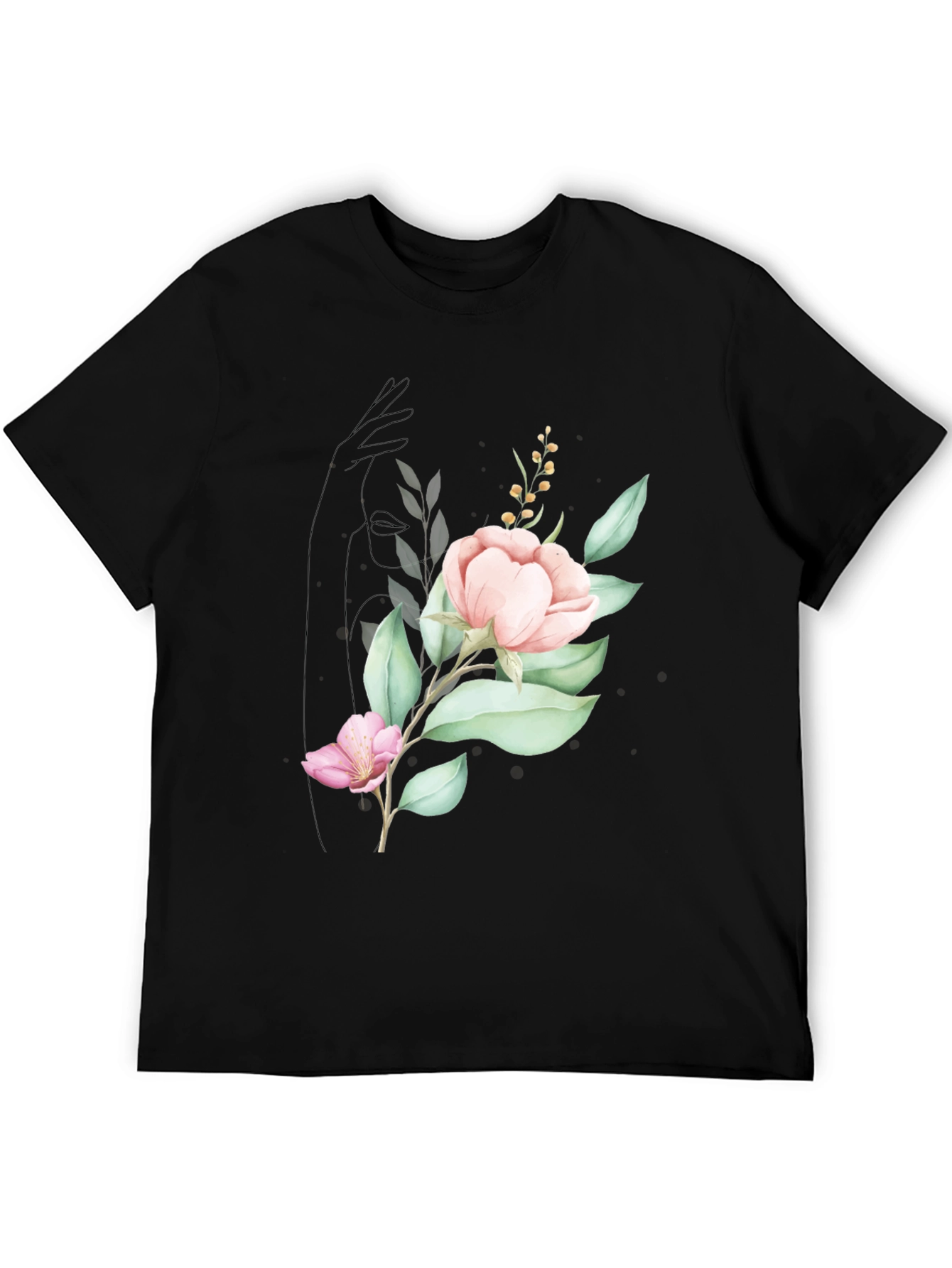 Elegant Floral Print Black T-Shirt