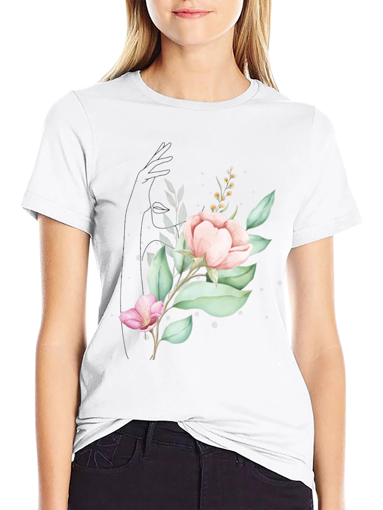 Elegant Floral Print Black T-Shirt