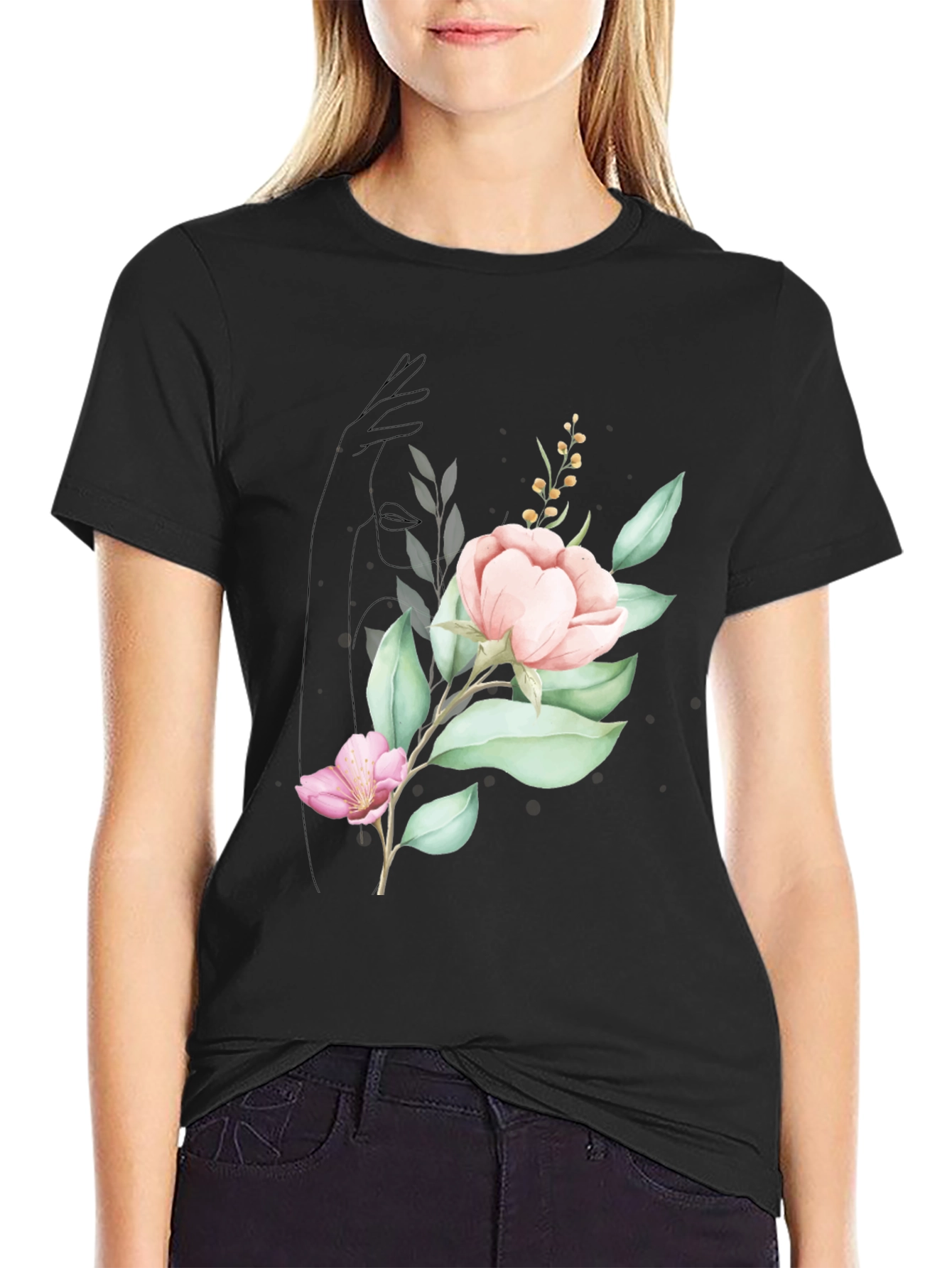 Elegant Floral Print Black T-Shirt