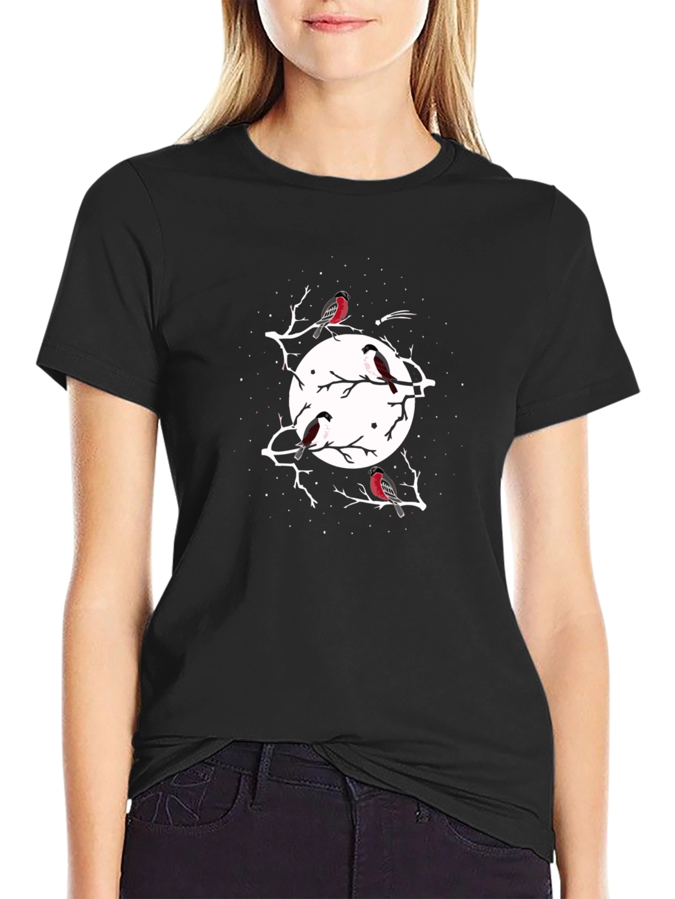 Birds and Moon Black Tee