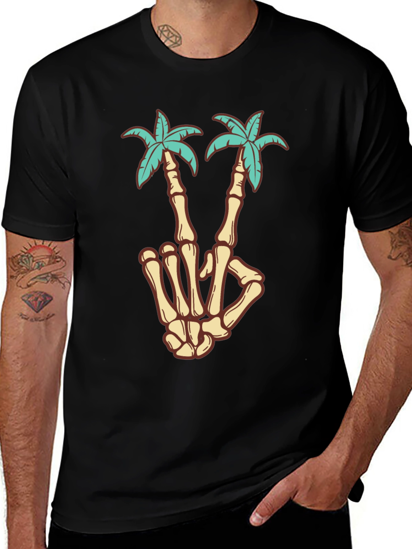 Skeleton Hand Peace Sign Palm Tree Graphic Tee