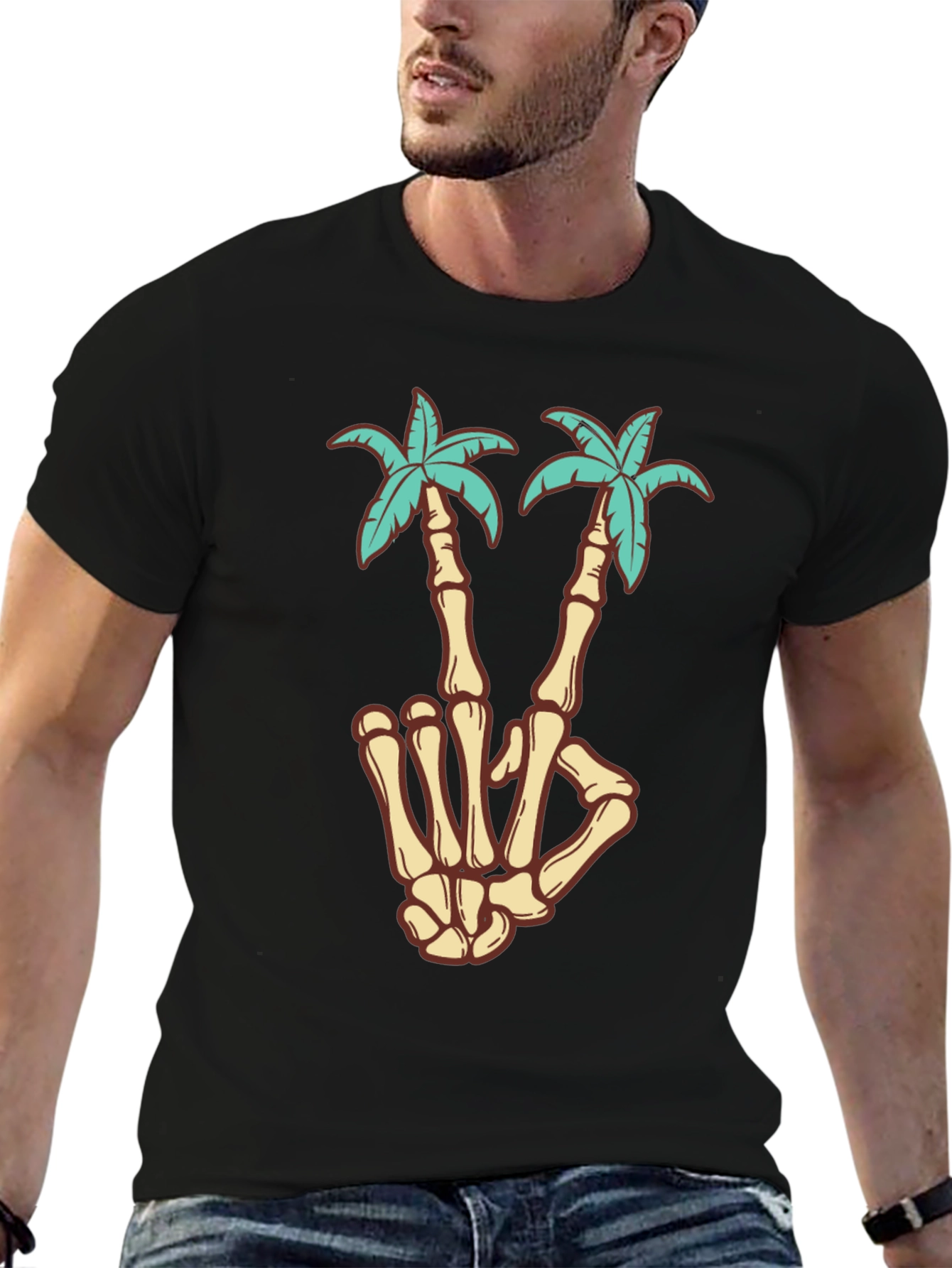 Skeleton Hand Peace Sign Palm Tree Graphic Tee