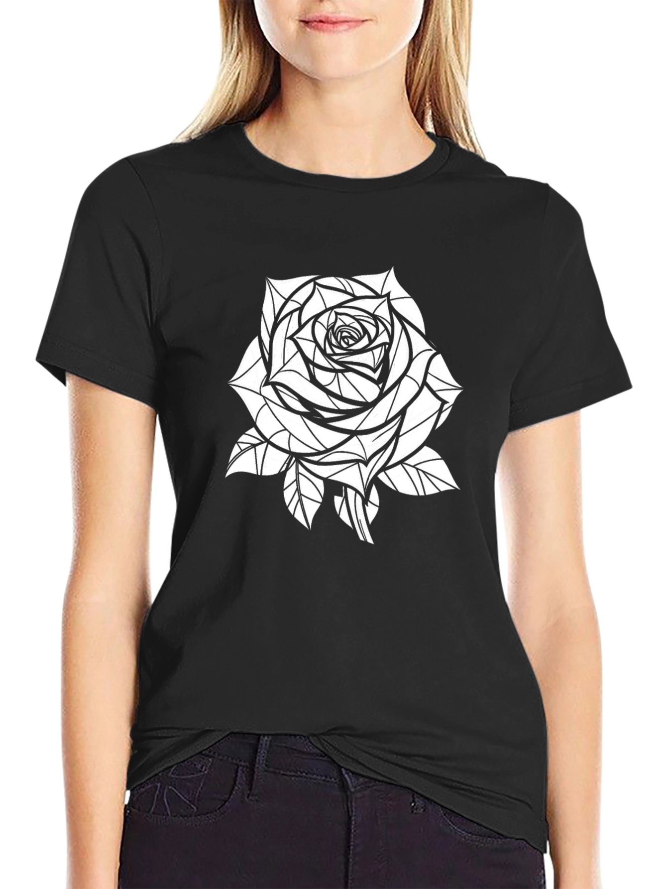 Geometric Rose Graphic Tee - Stylish Black T-Shirt