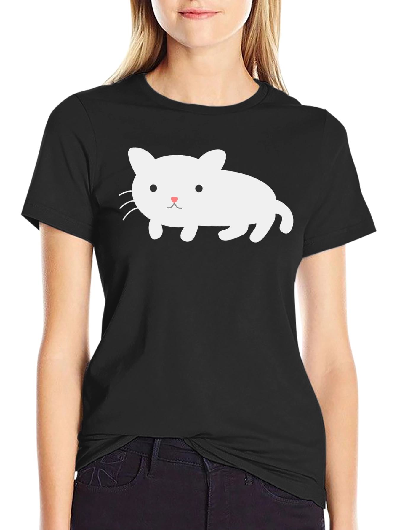 Cute White Cat Graphic Black T-Shirt