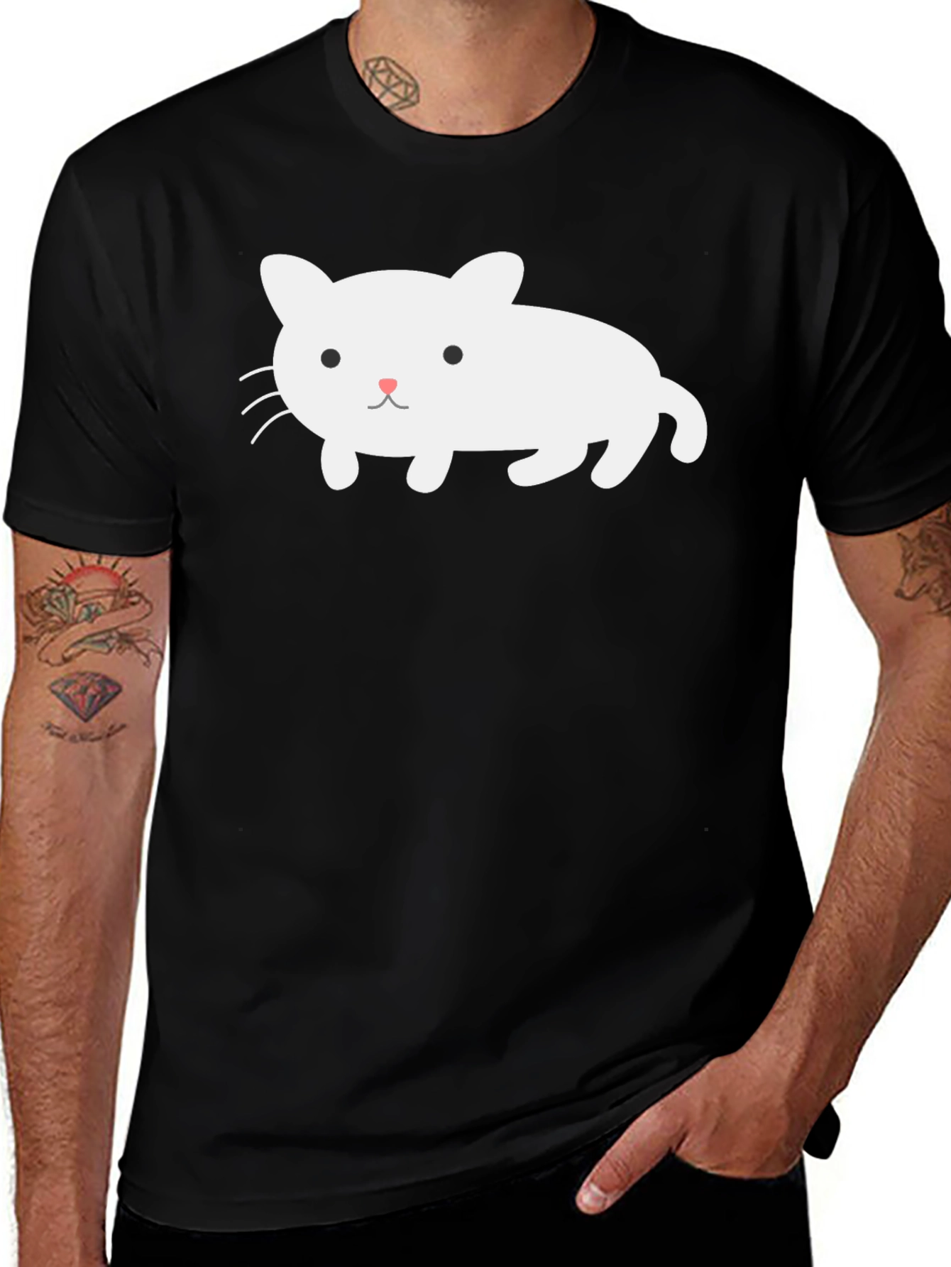 Cute White Cat Graphic Black T-Shirt