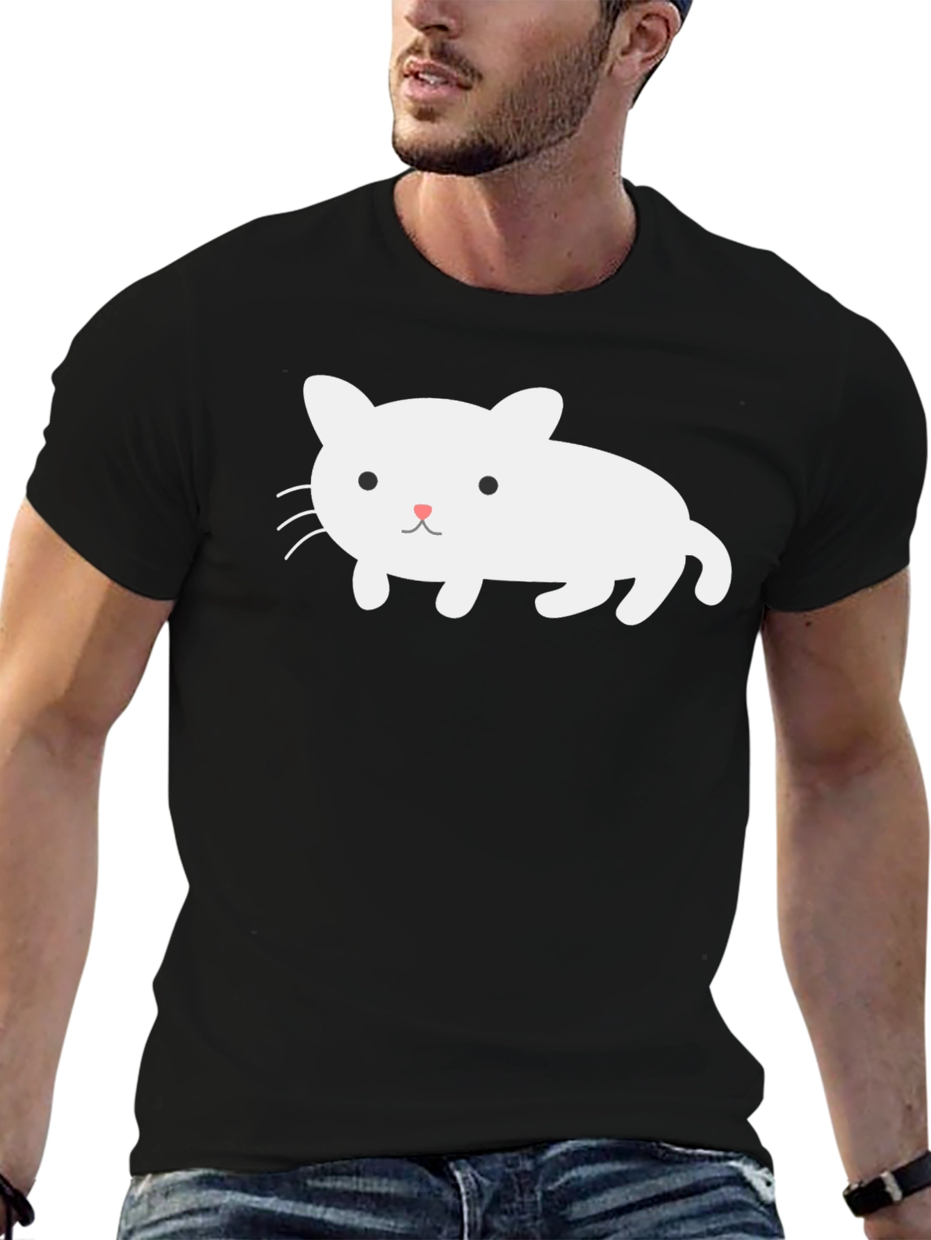 Cute White Cat Graphic Black T-Shirt