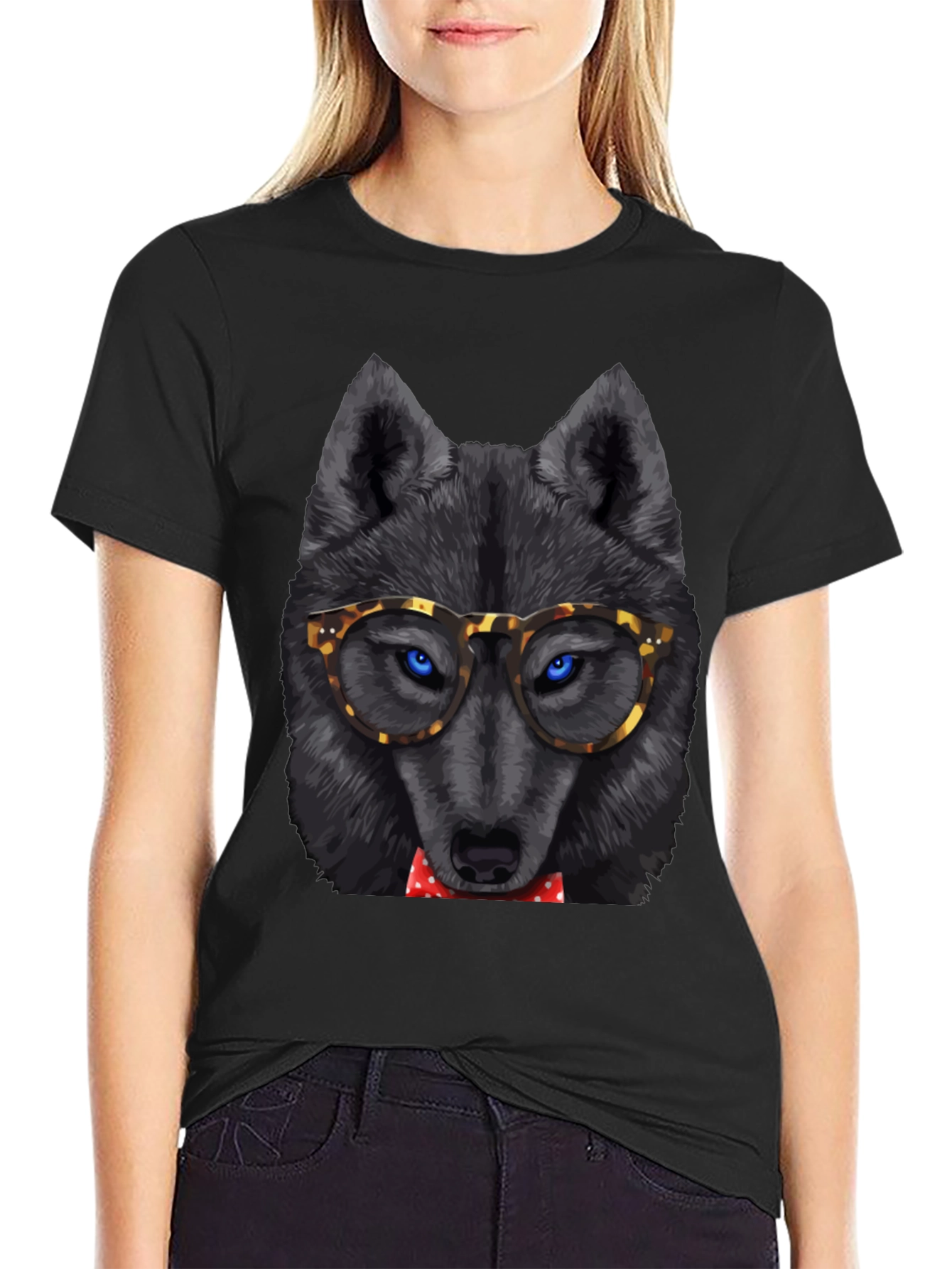 Wolf Nerd T-Shirt - Blue Eyes Red Bowtie