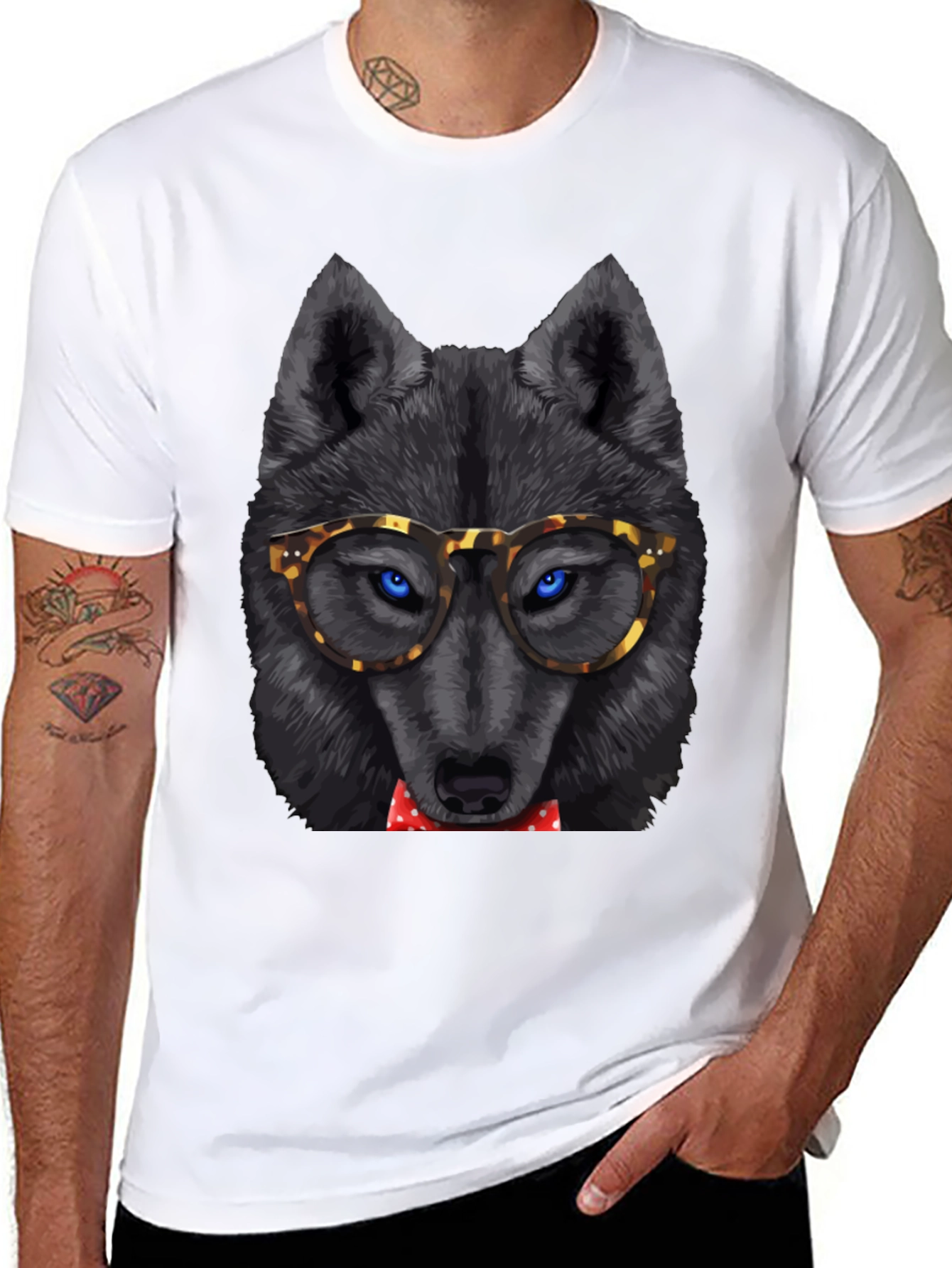Wolf Nerd T-Shirt - Blue Eyes Red Bowtie