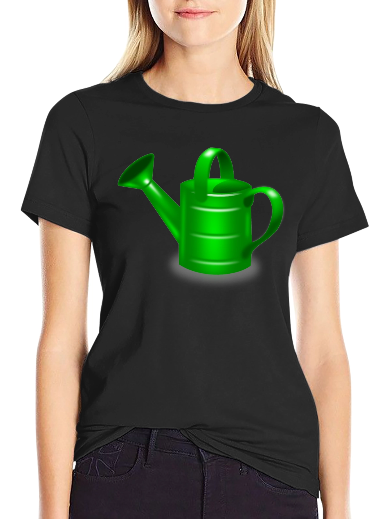Green Watering Can Graphic Tee - Black Cotton T-Shirt