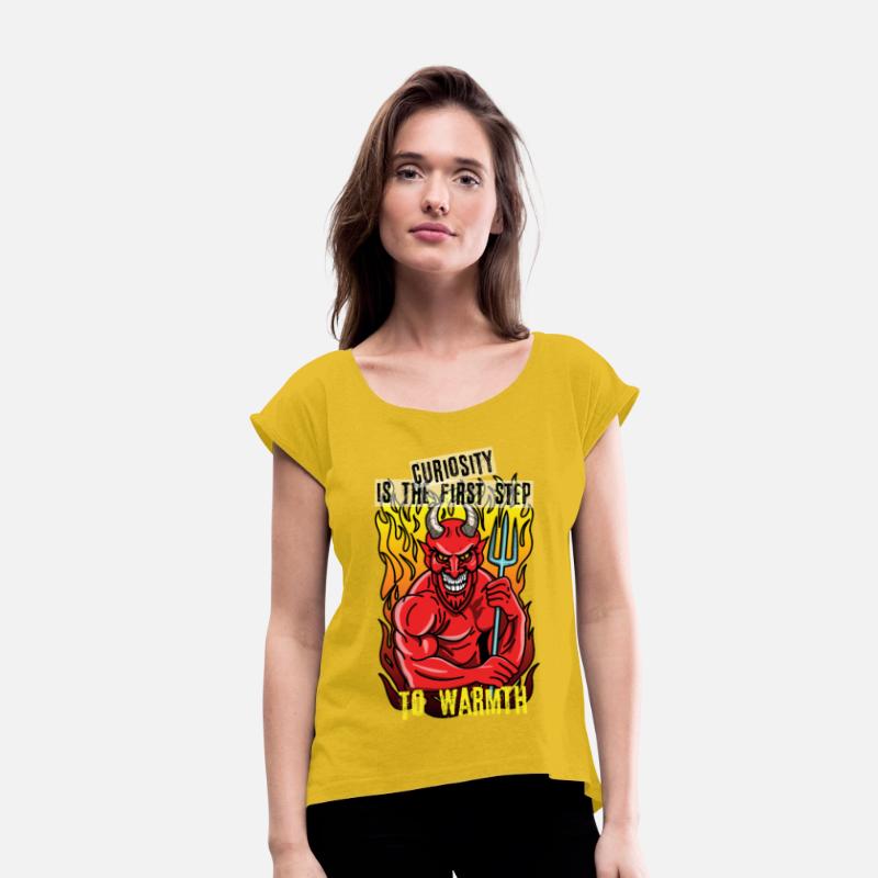 Smiling devil with a pitchfork standing on fire