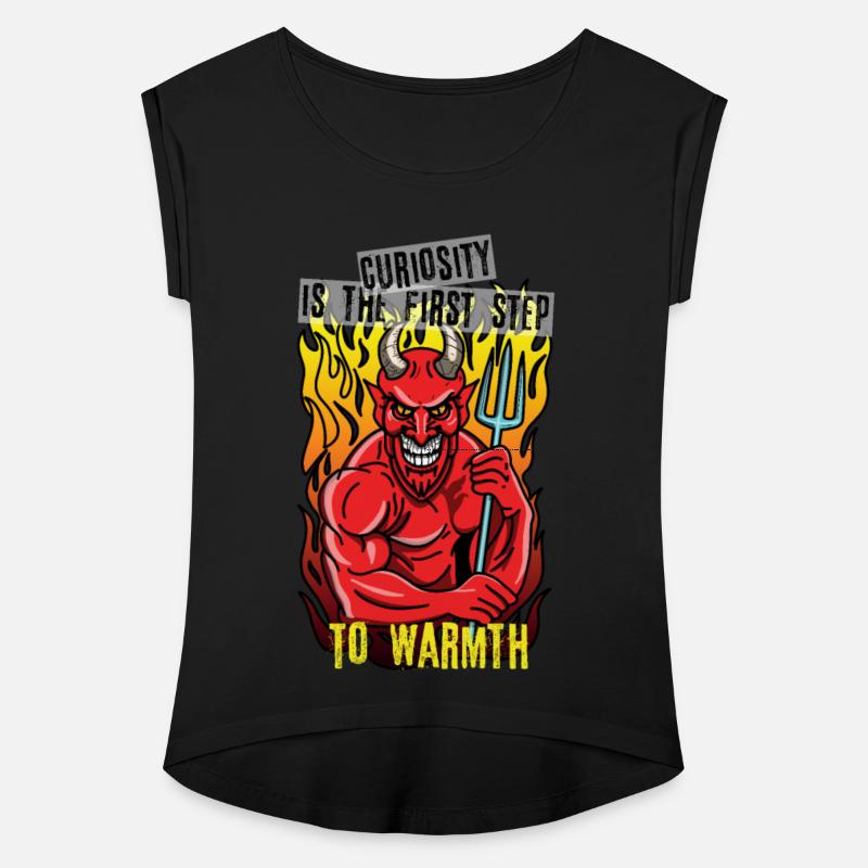 Smiling devil with a pitchfork standing on fire