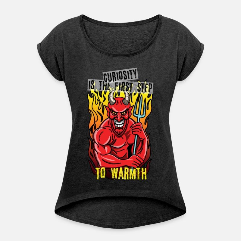 Smiling devil with a pitchfork standing on fire