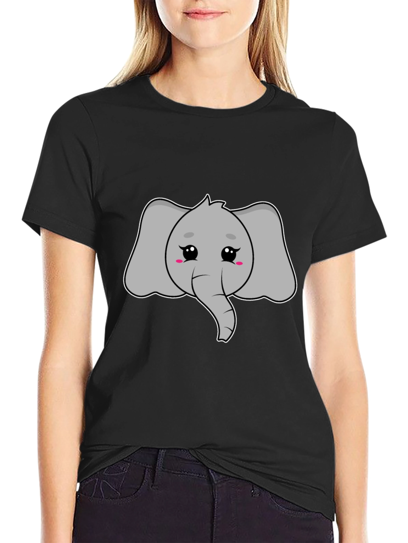 Cute Elephant Graphic Tee - Black Cotton T-Shirt