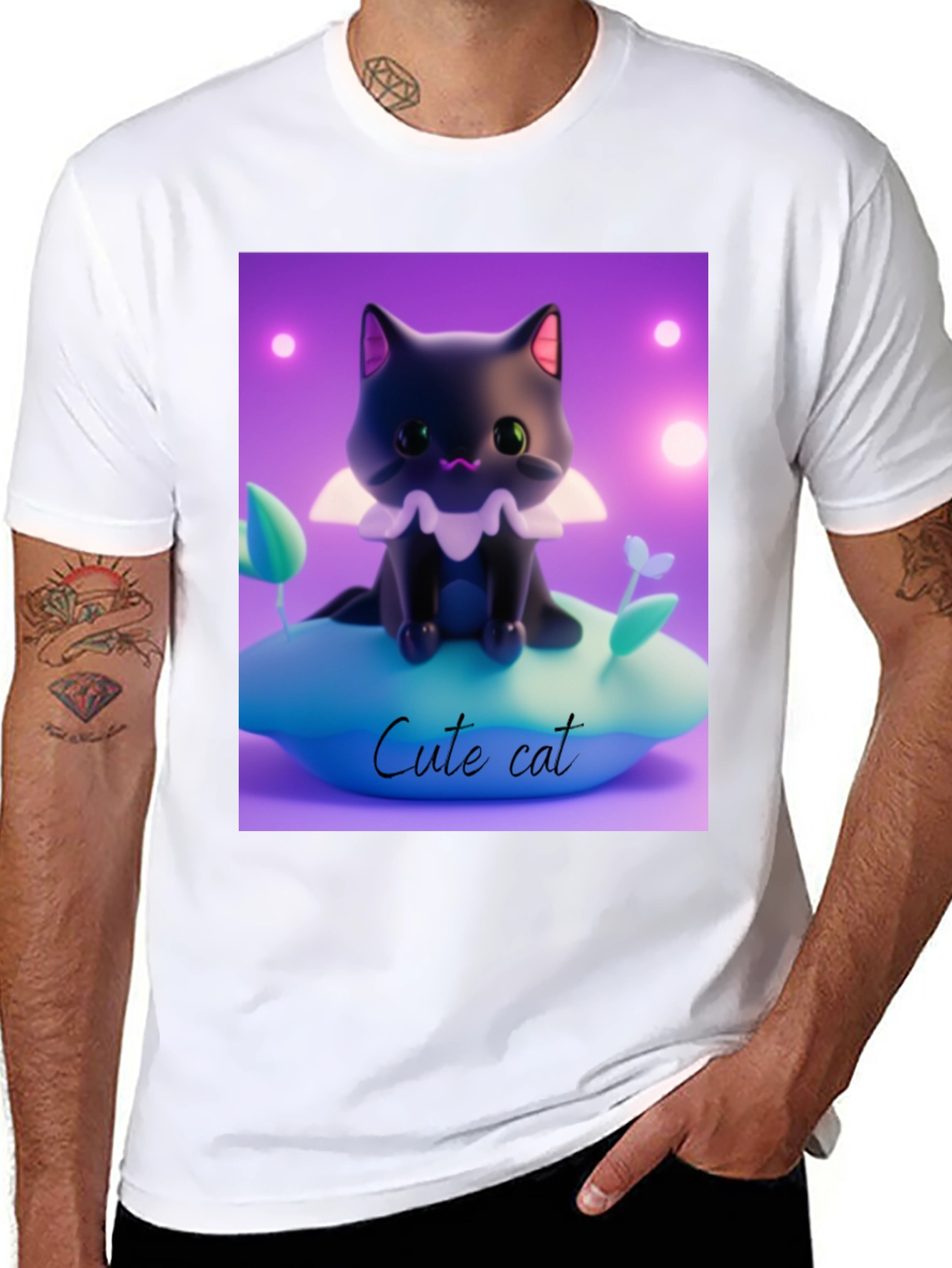 Cute Cat Graphic Tee - Black Cotton Comfort