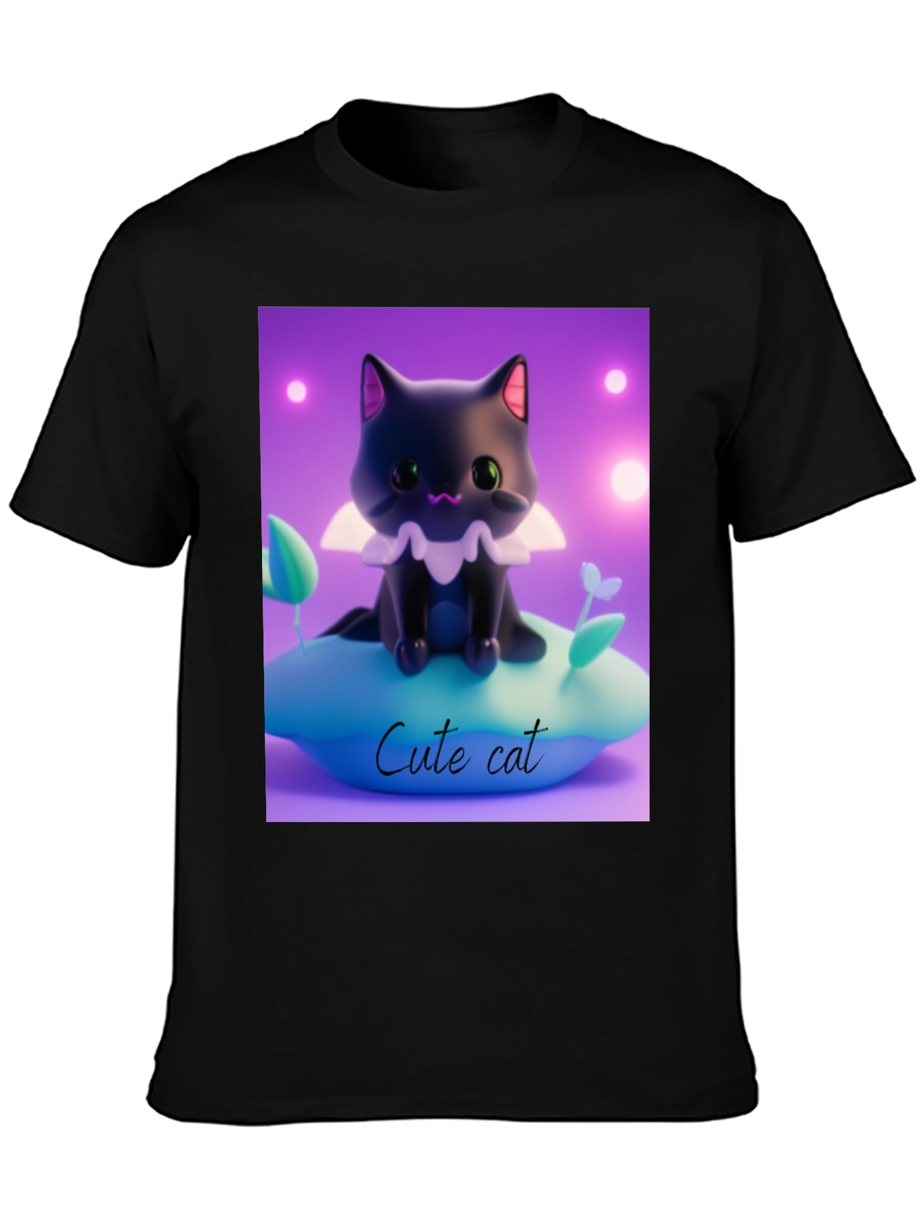 Cute Cat Graphic Tee - Black Cotton Comfort