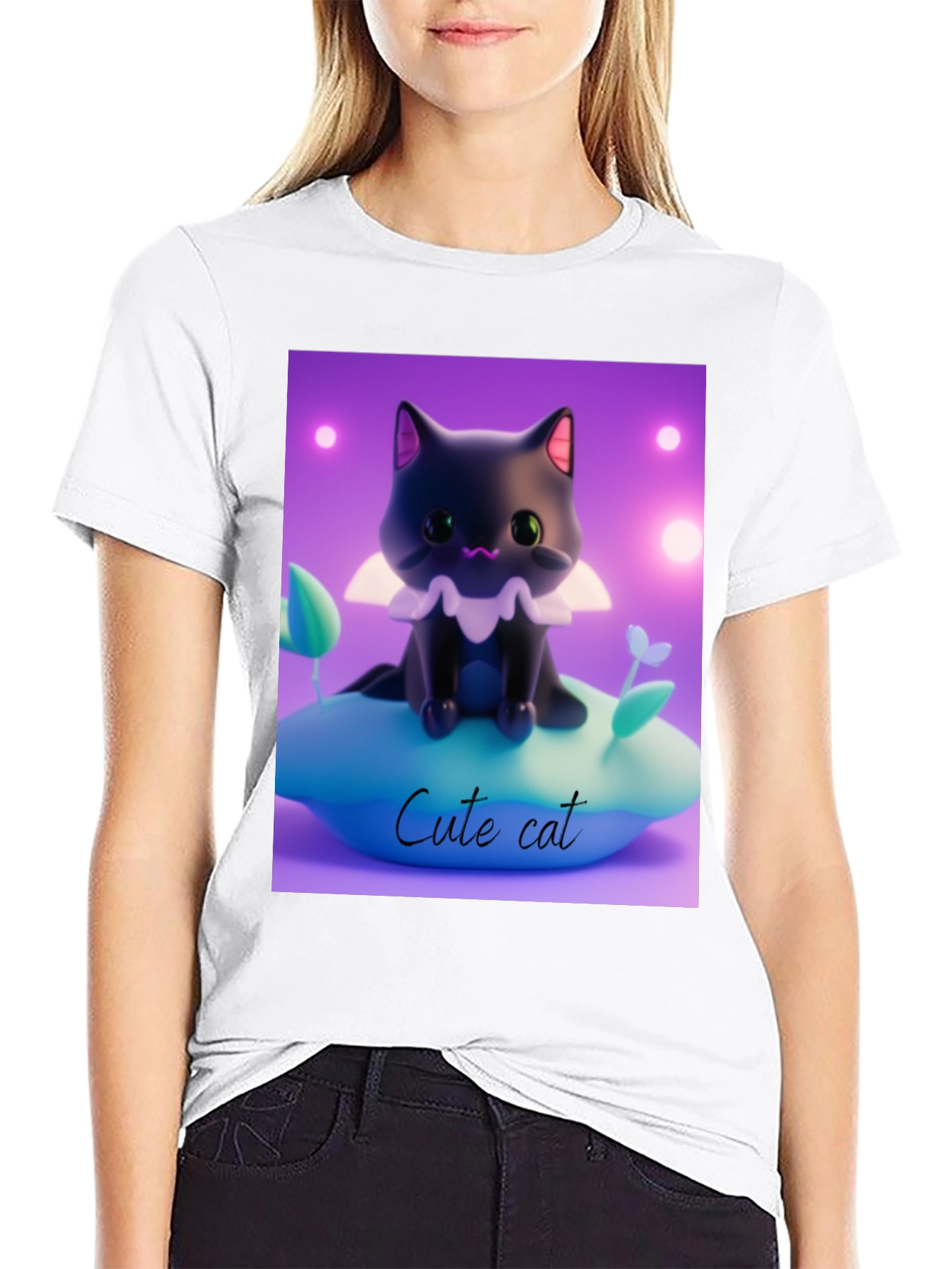 Cute Cat Graphic Tee - Black Cotton Comfort