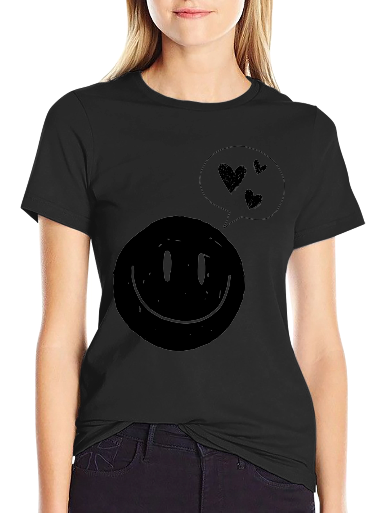 Heart Smiley Face Graphic Tee - Soft Black Shirt