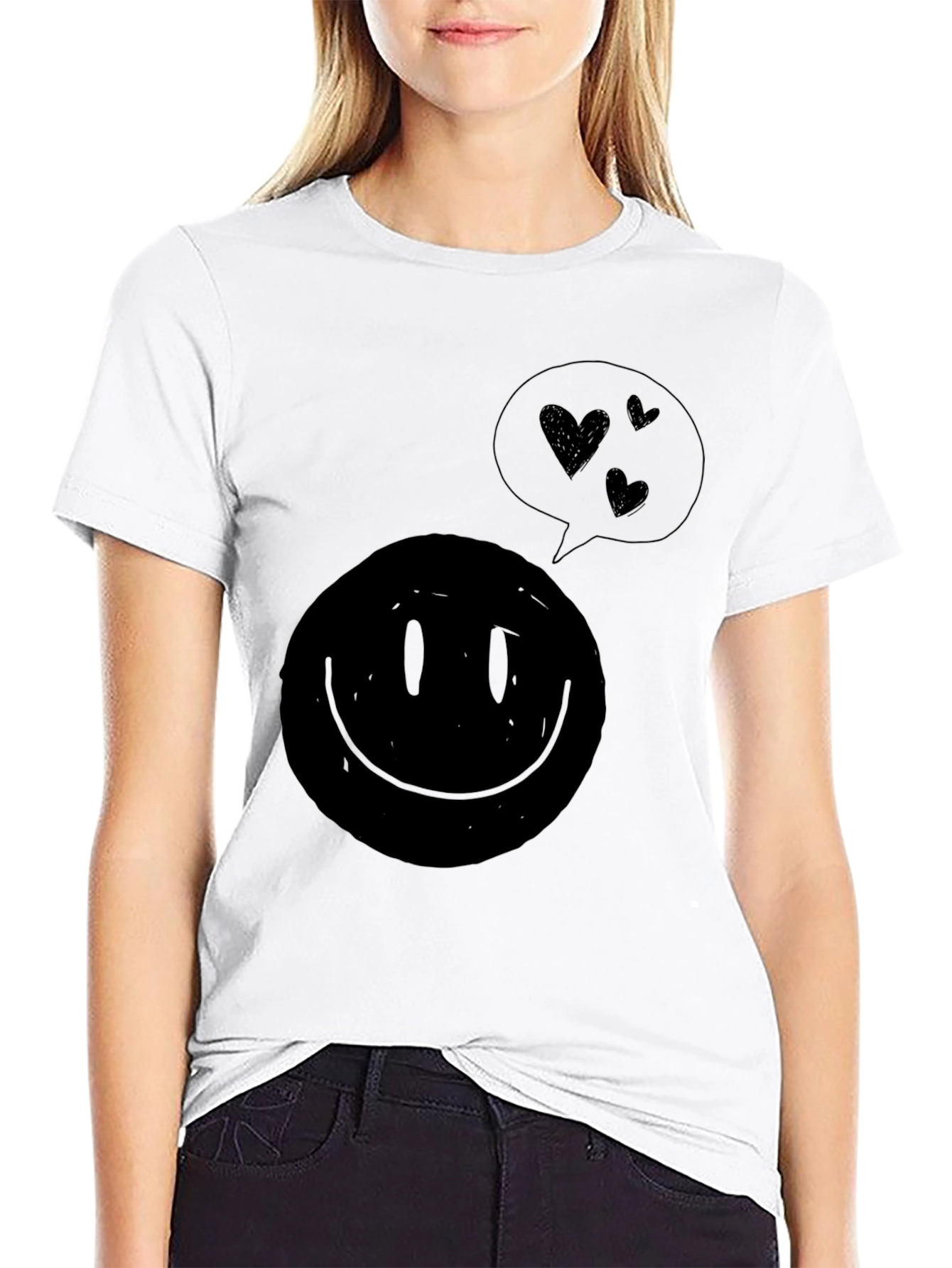 Heart Smiley Face Graphic Tee - Soft Black Shirt