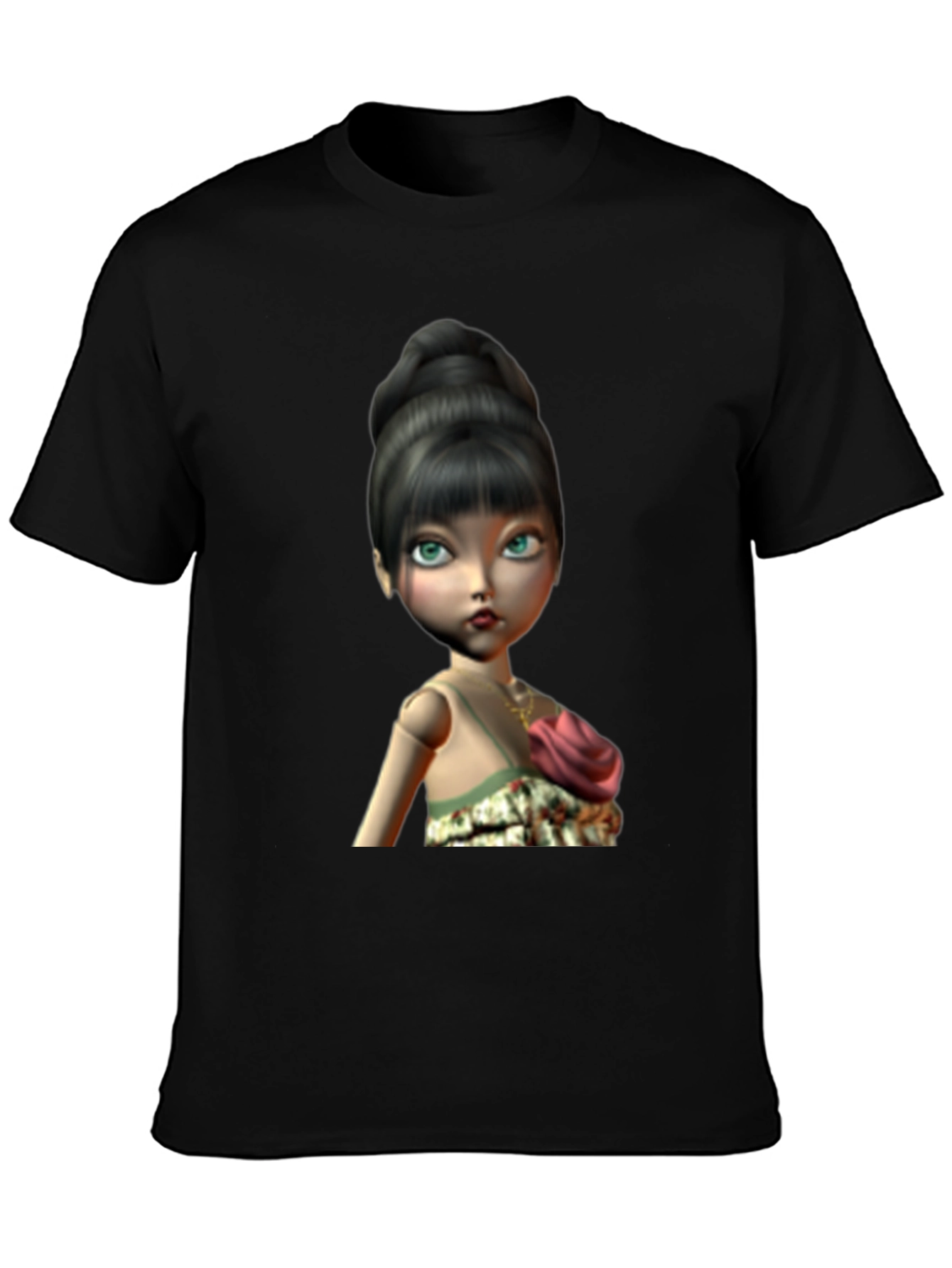 Black T-Shirt with Animated Doll Print