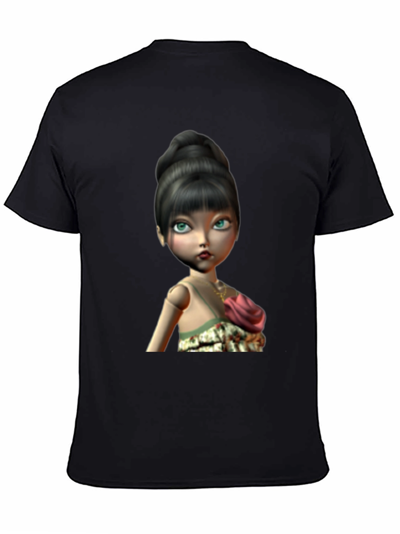 Black T-Shirt with Animated Doll Print