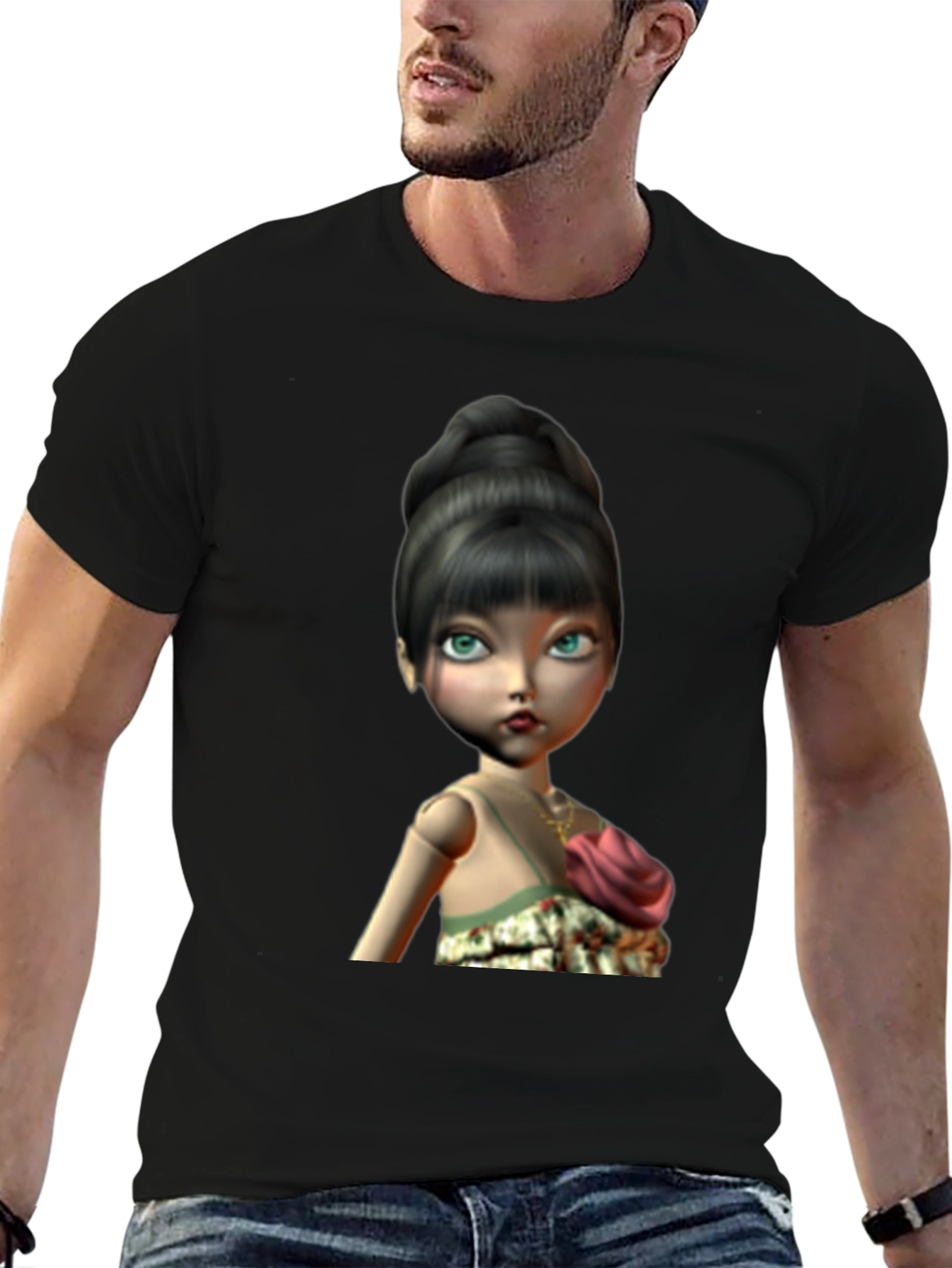Black T-Shirt with Animated Doll Print