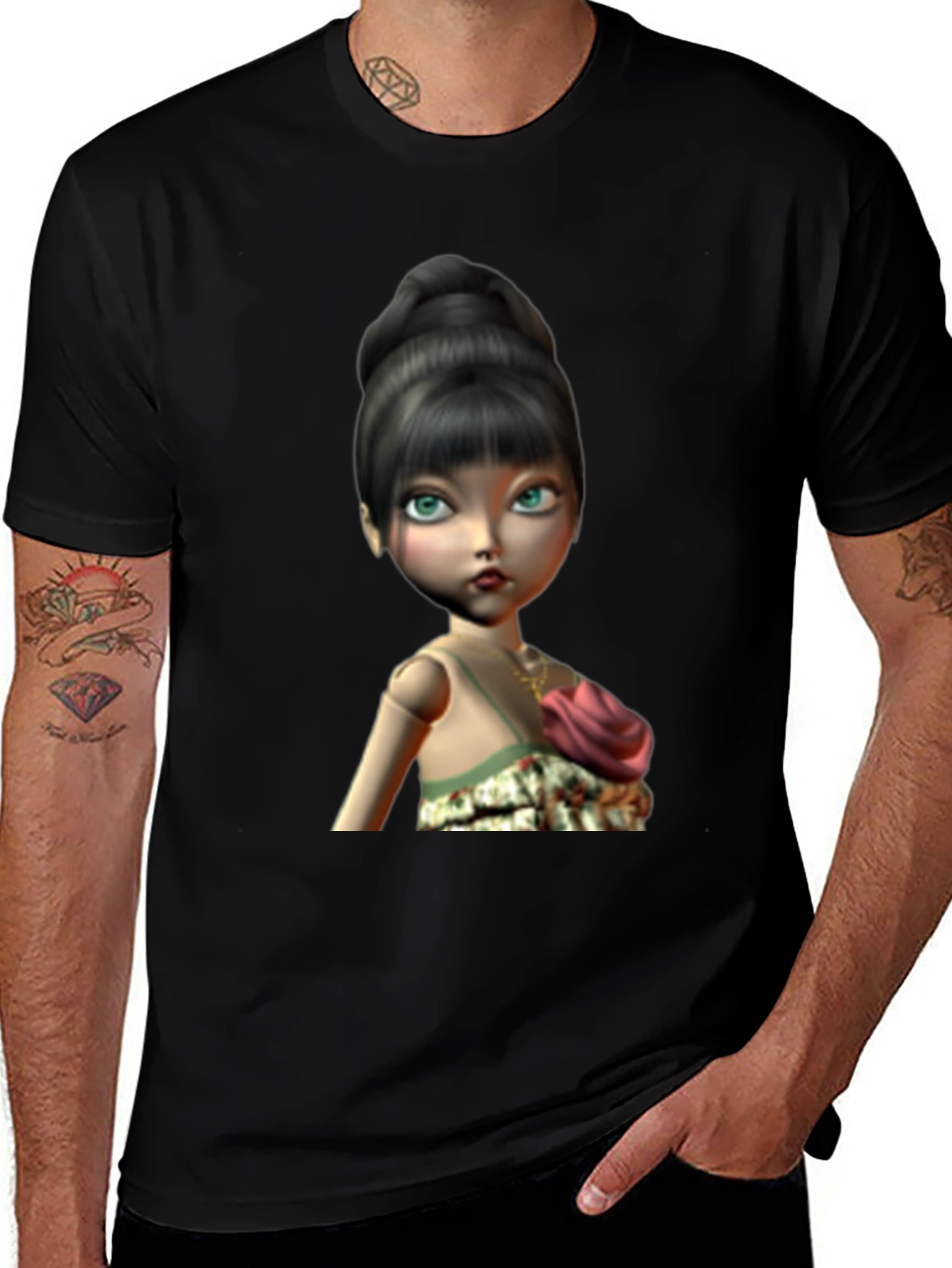 Black T-Shirt with Animated Doll Print