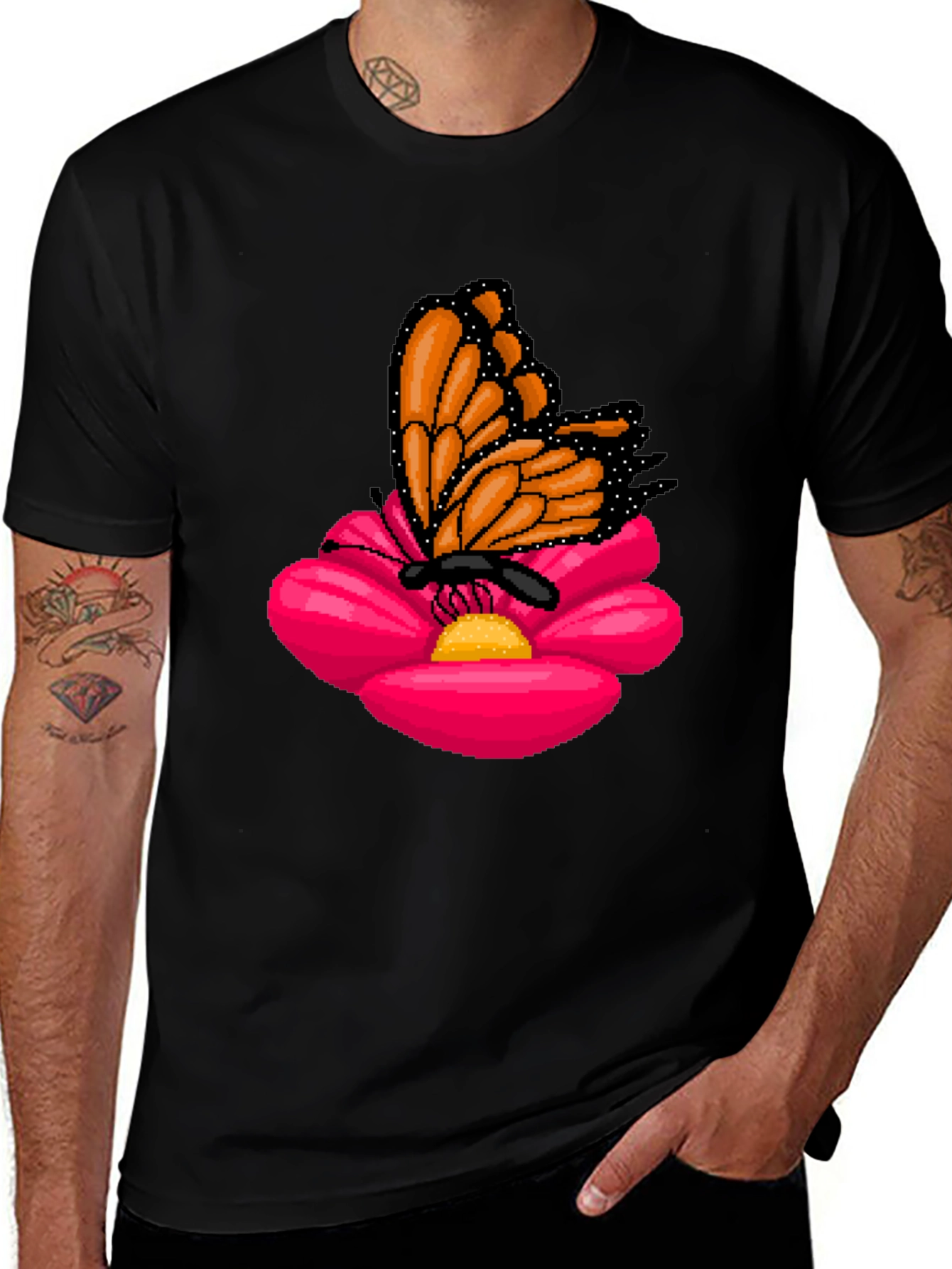 Butterfly on Flower Graphic T-Shirt - Casual Black Tee