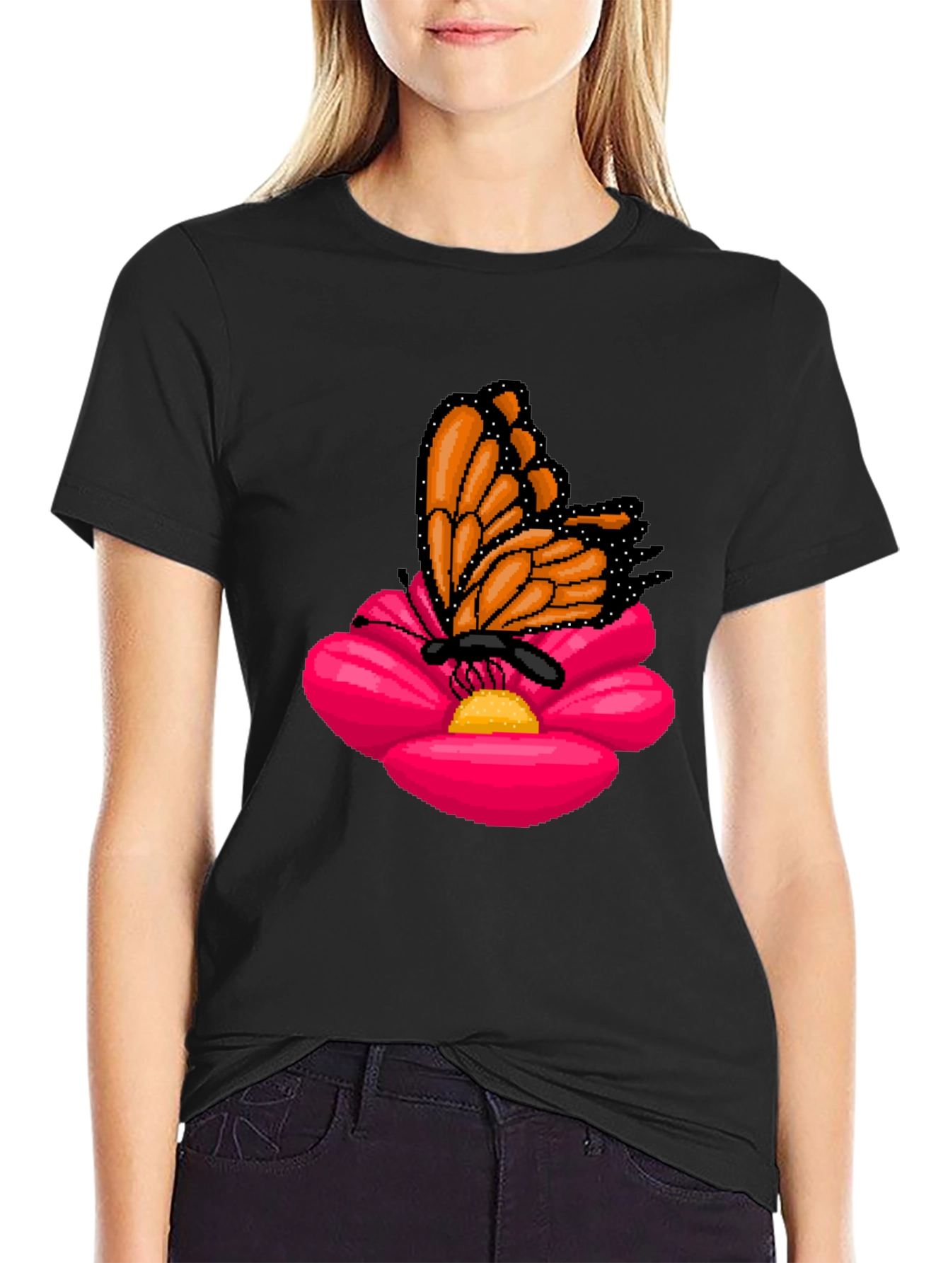 Butterfly on Flower Graphic T-Shirt - Casual Black Tee