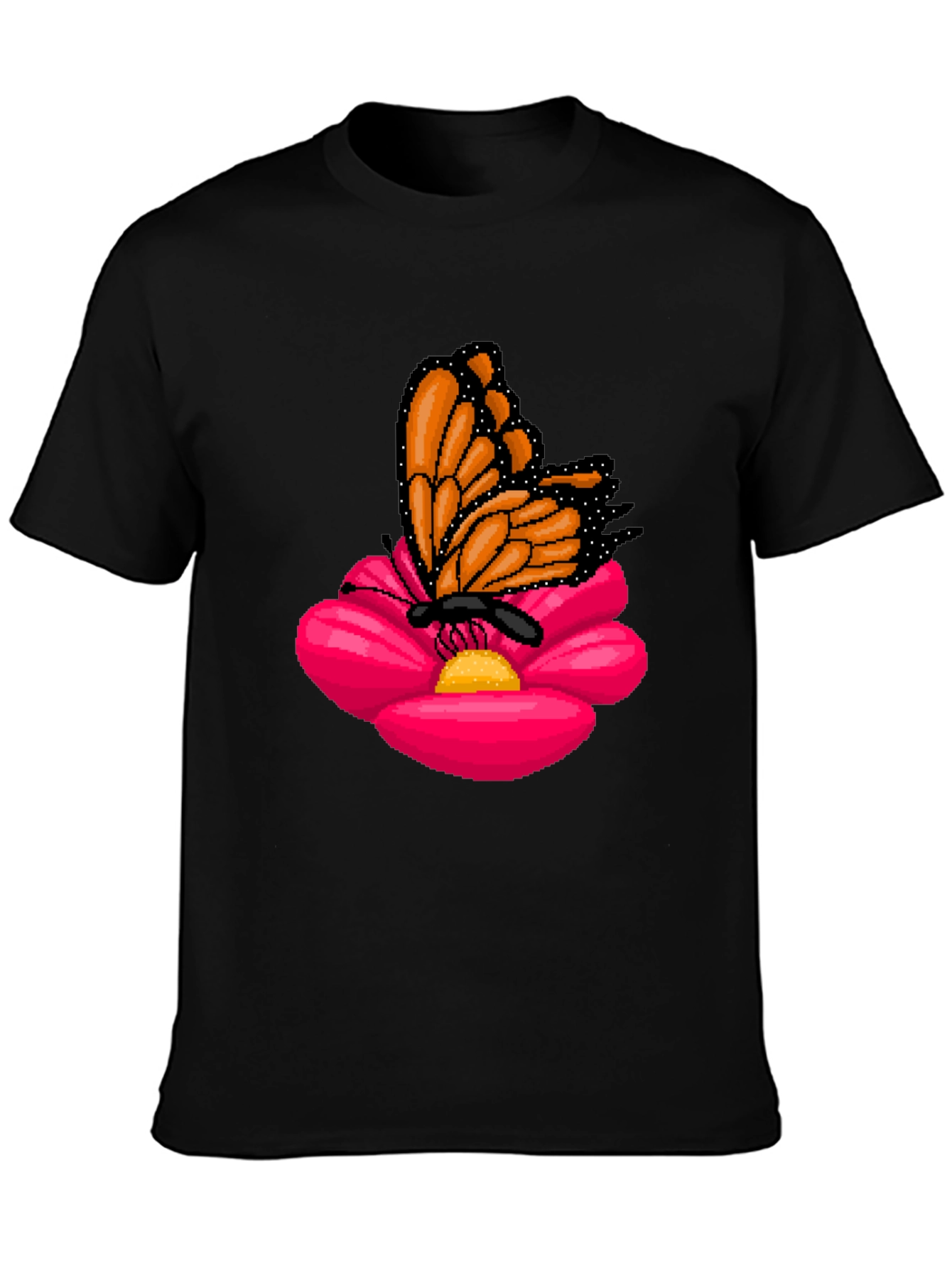 Butterfly on Flower Graphic T-Shirt - Casual Black Tee