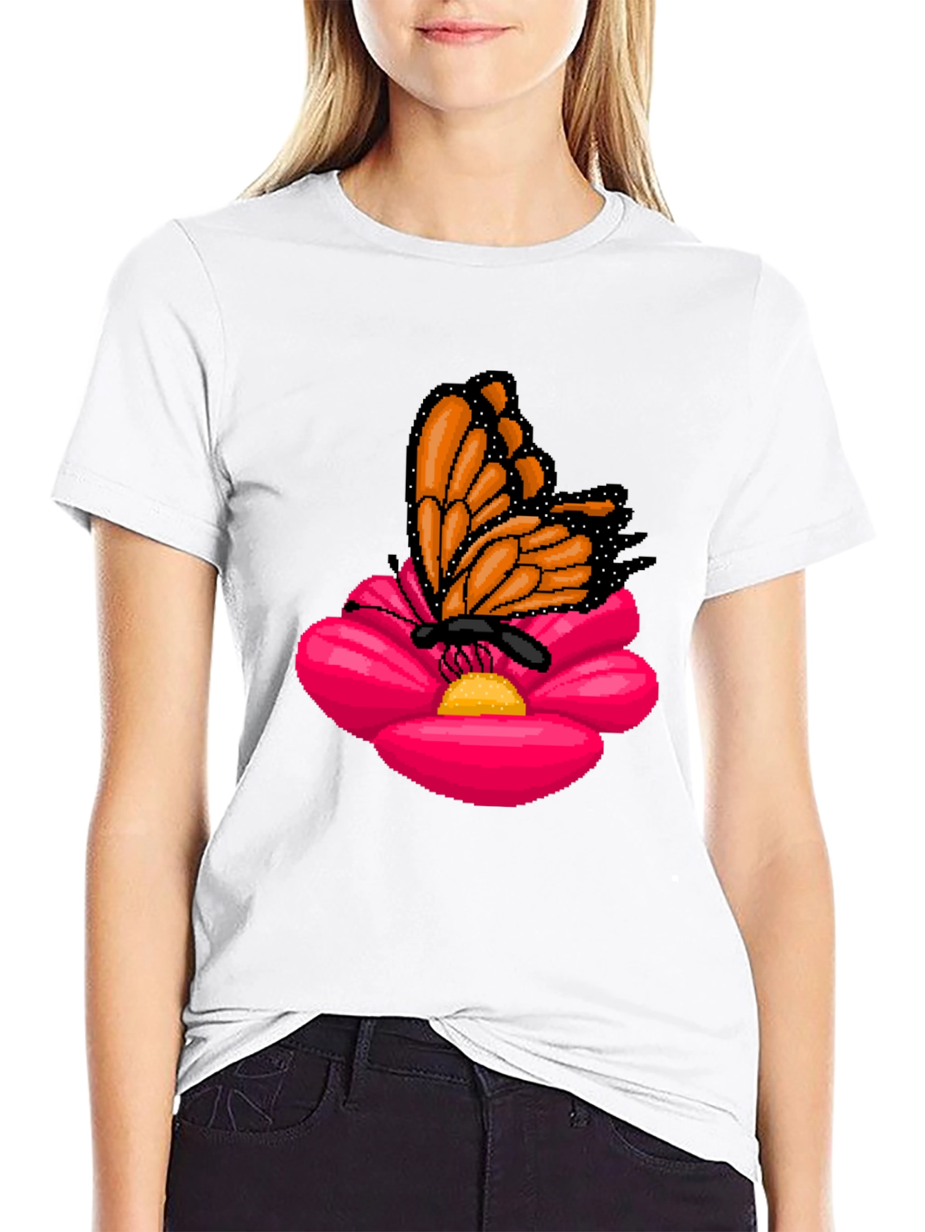 Butterfly on Flower Graphic T-Shirt - Casual Black Tee