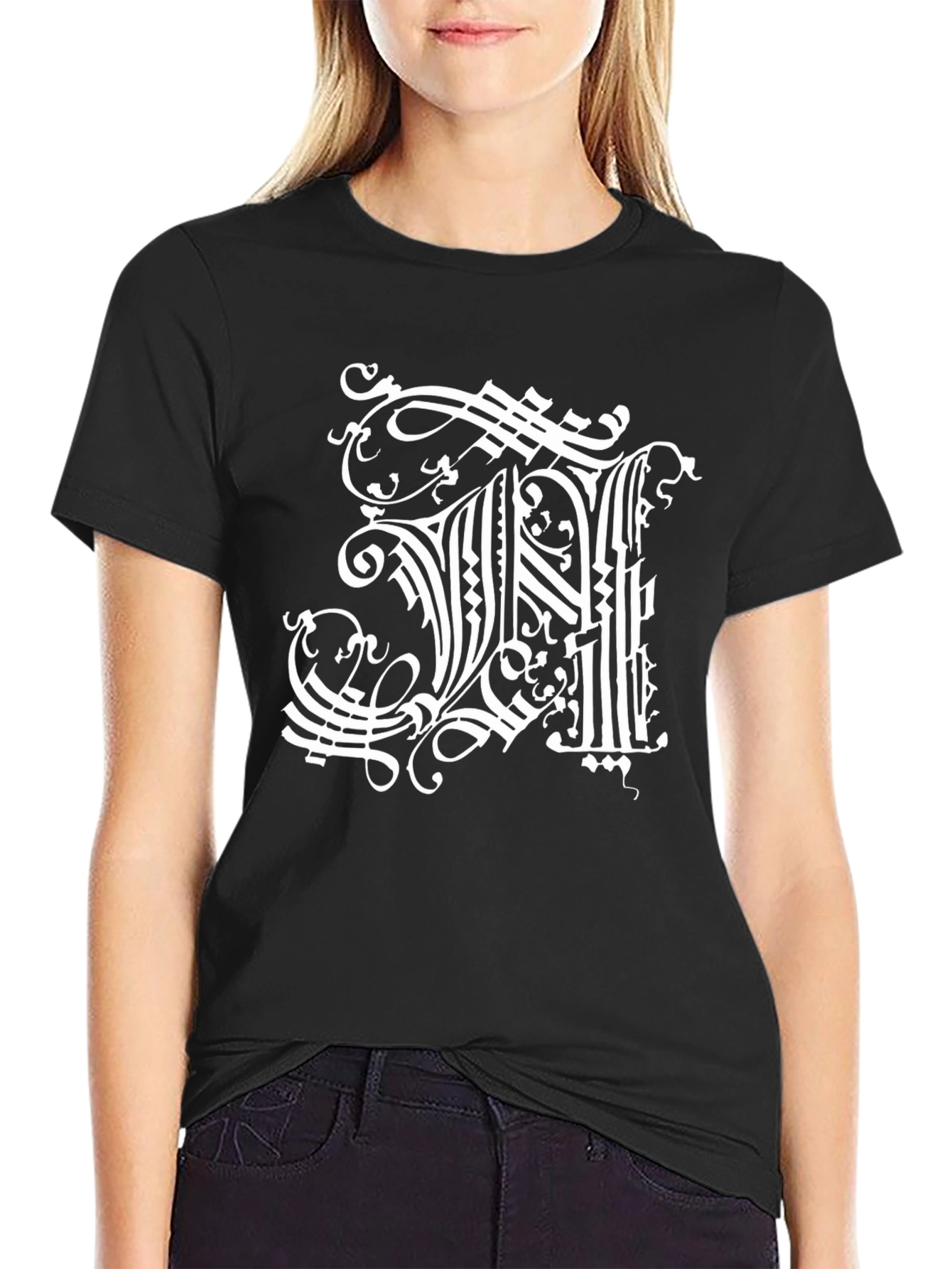 Ornate Initial H Graphic Black T-Shirt