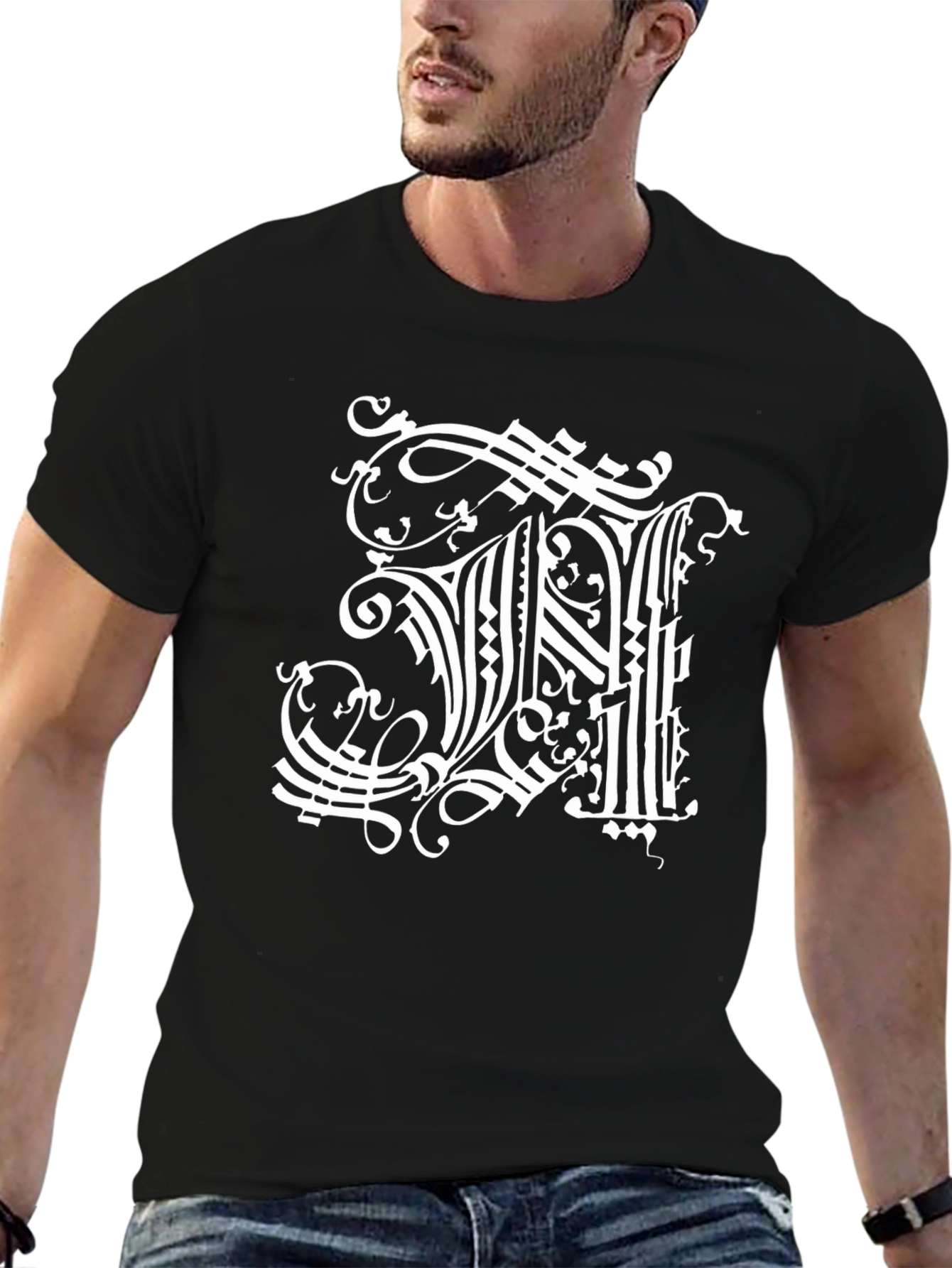 Ornate Initial H Graphic Black T-Shirt