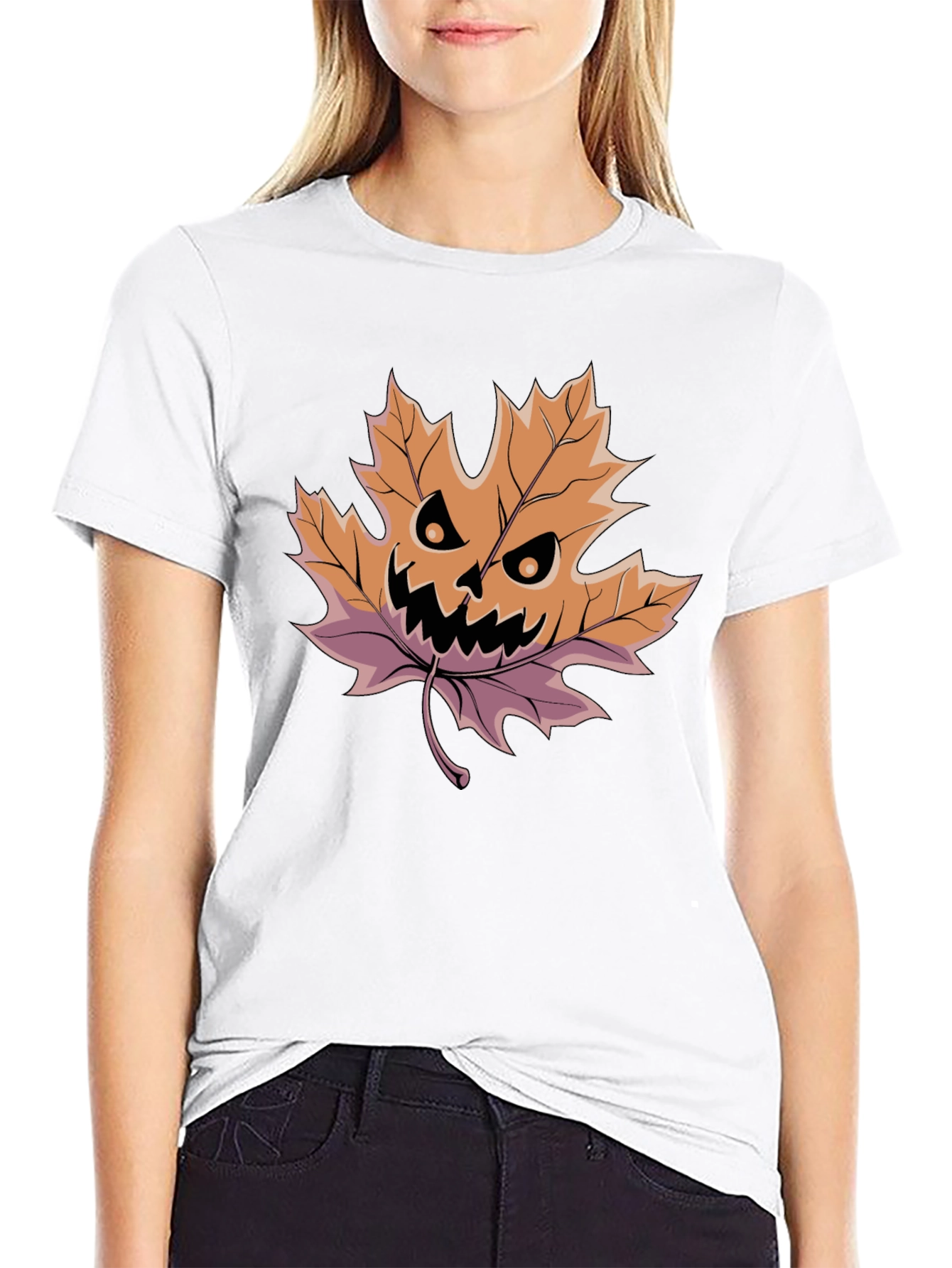 Halloween Leaf Pumpkin T-Shirt - Spooky Season Style